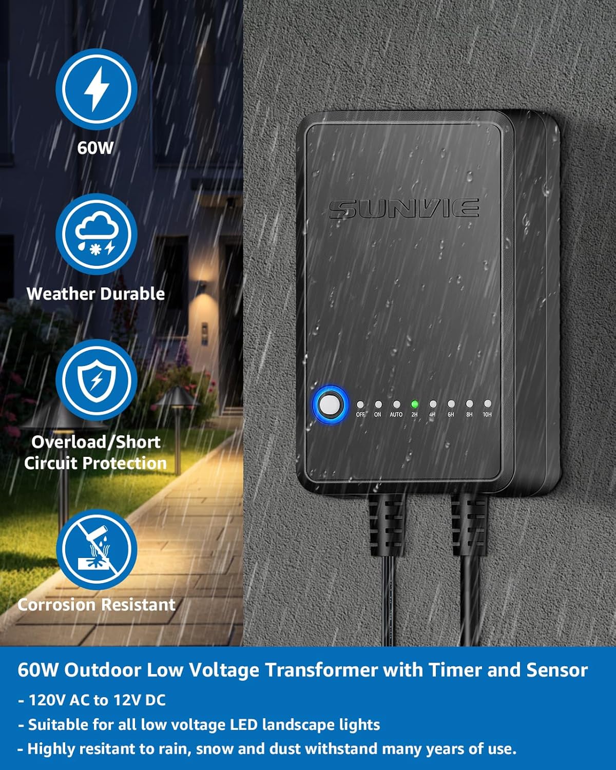 SUNVIE Transformador de paisaje de bajo voltaje de 60 W con temporizador y sensor de fotocélula, transformador de iluminación de paisaje de 120 V CA