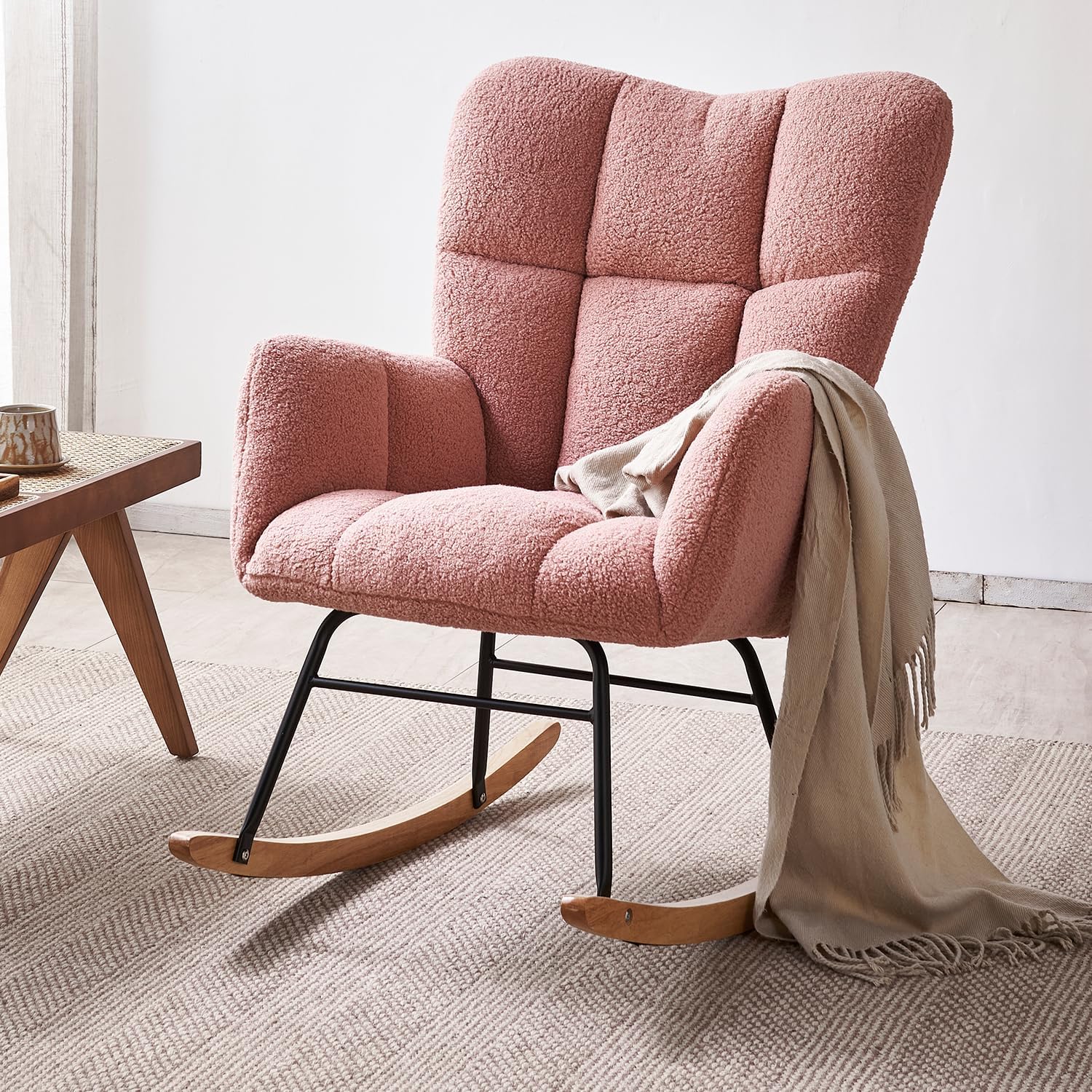 Mecedora de tela de peluche, respaldo alto, balancín de guardería, moderno reclinable para sala de estar, dormitorio, lectura acogedora, color rosa