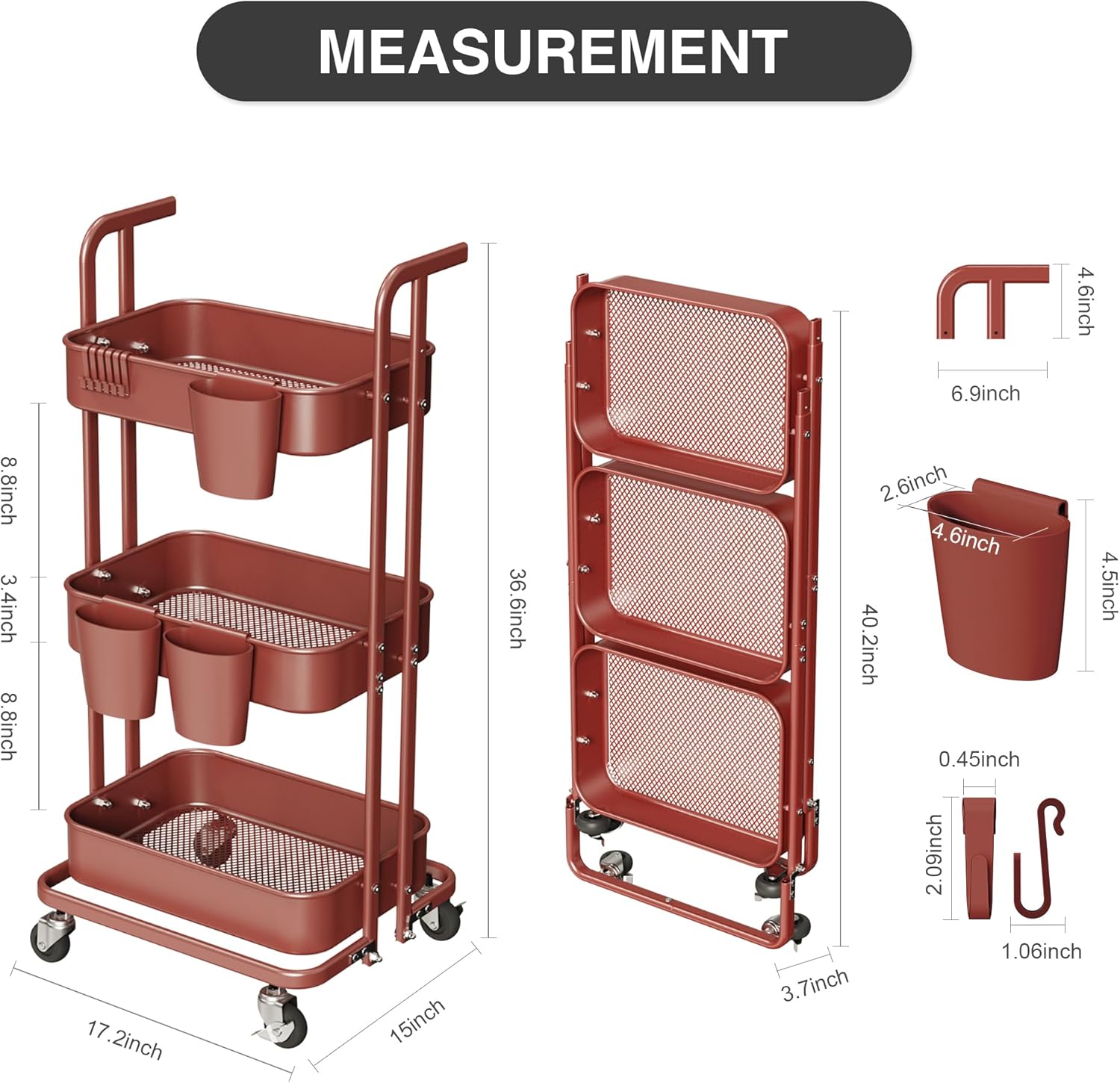 Carrito plegable de 3 niveles, carrito de metal con ruedas, 3 tazas colgantes y 6 ganchos, carrito plegable para sala de estar, cocina, baño,