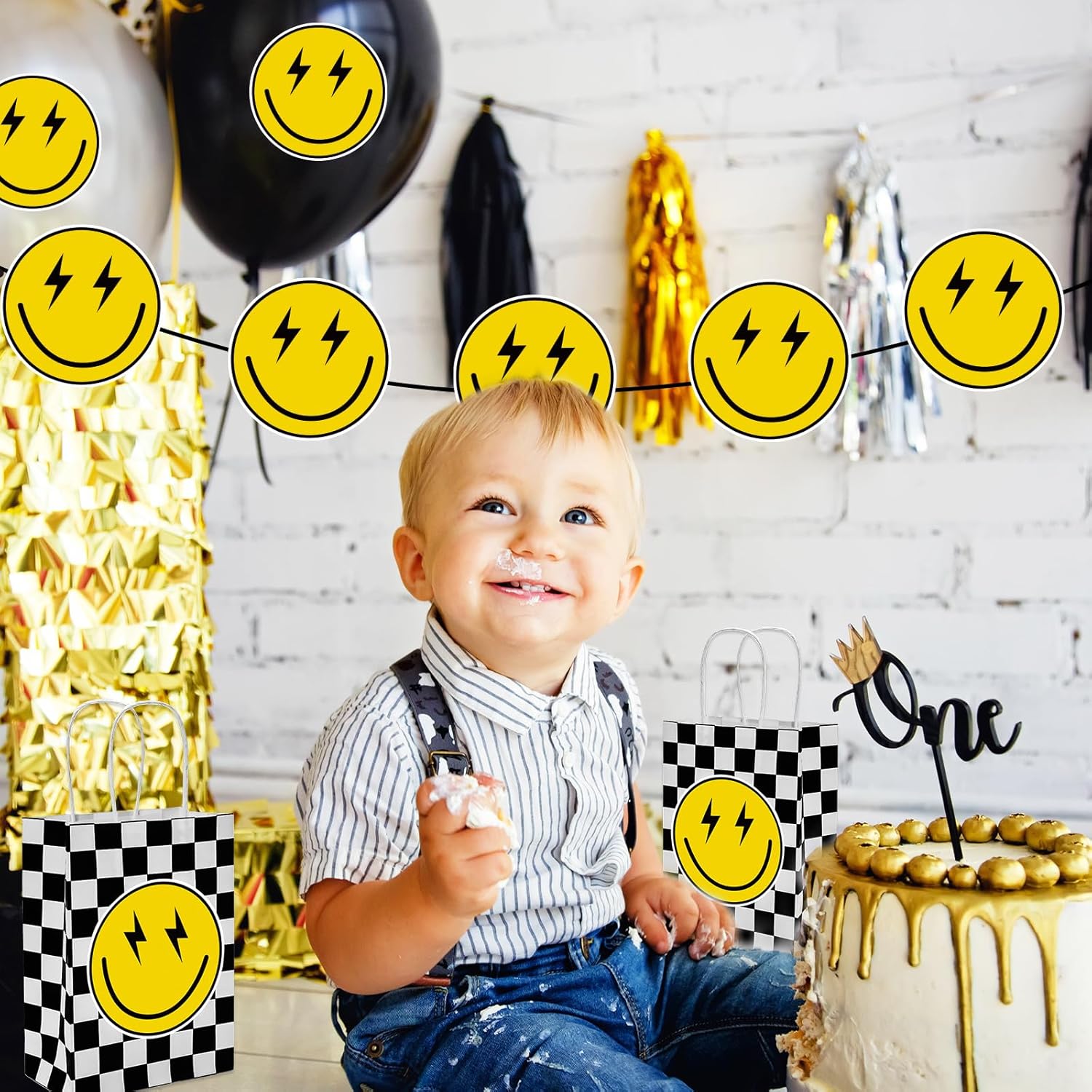 AnyDesign 16 bolsas de regalo de papel de cara sonriente con asas, bolsas de regalo de papel a cuadros a granel, bolsas de dulces para baby shower,