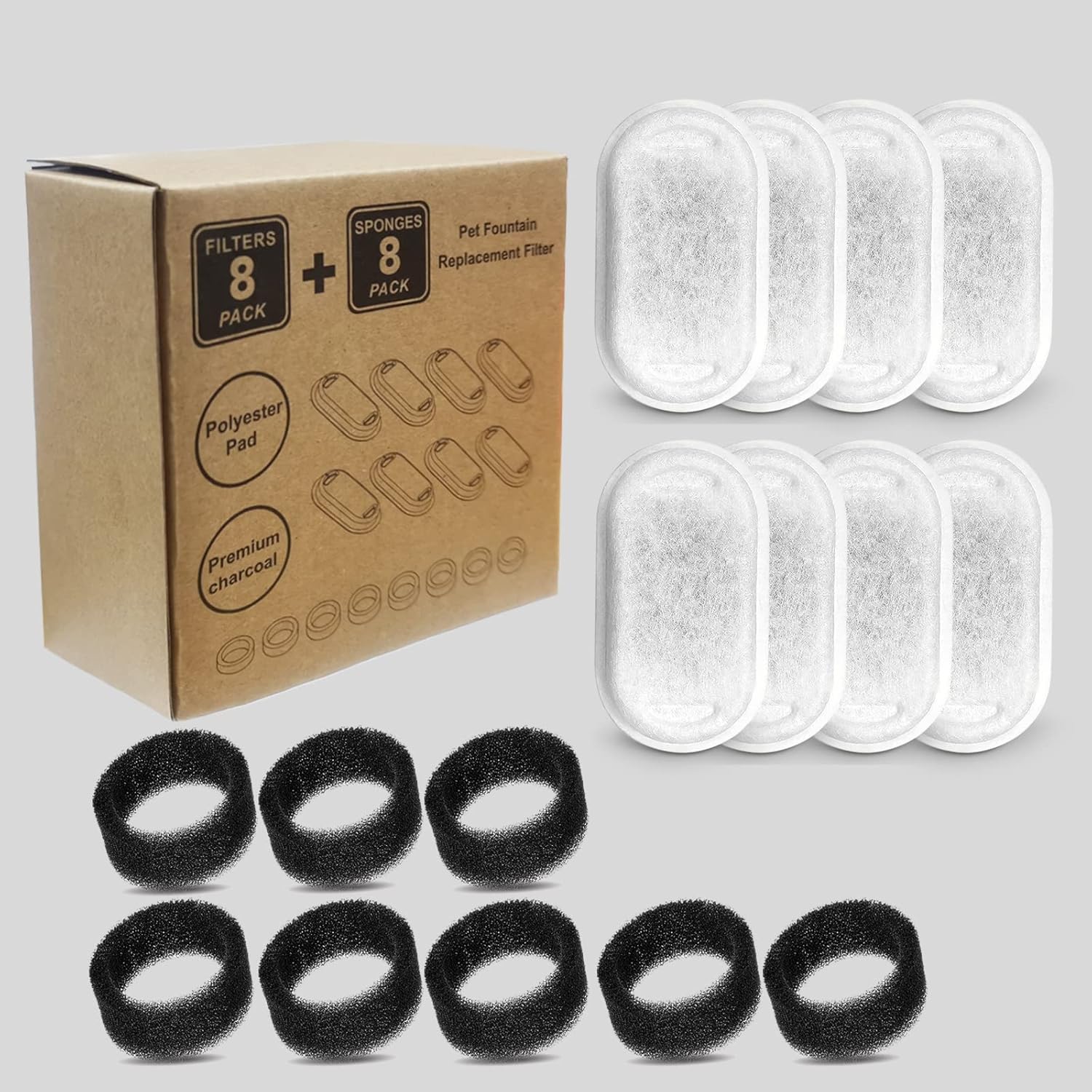 Filtros de fuente de agua para gatos, compatibles con fuente de acero inoxidable para mascotas, 8 filtros con 8 esponjas de repuesto para fuente de