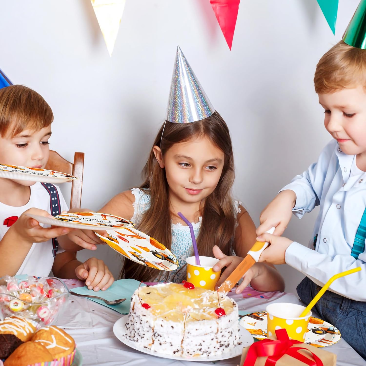 Juego de 96 platos de construcción para fiestas, servilletas, tenedores, suministros de vajilla, juego de vajilla desechable, decoración temática de