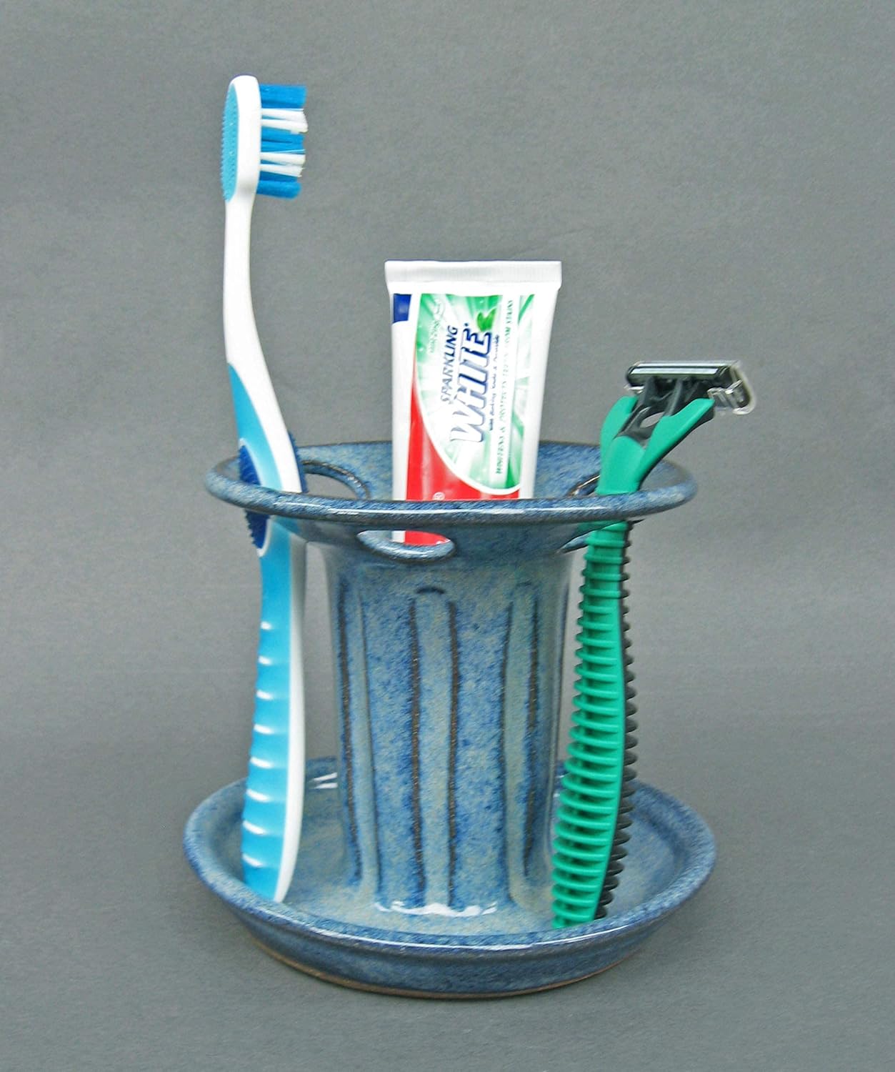 Toothbrush and Toothpaste Holder for Bathroom Sink Large Capacity 6 Wide Holes Slots in Denim Blue