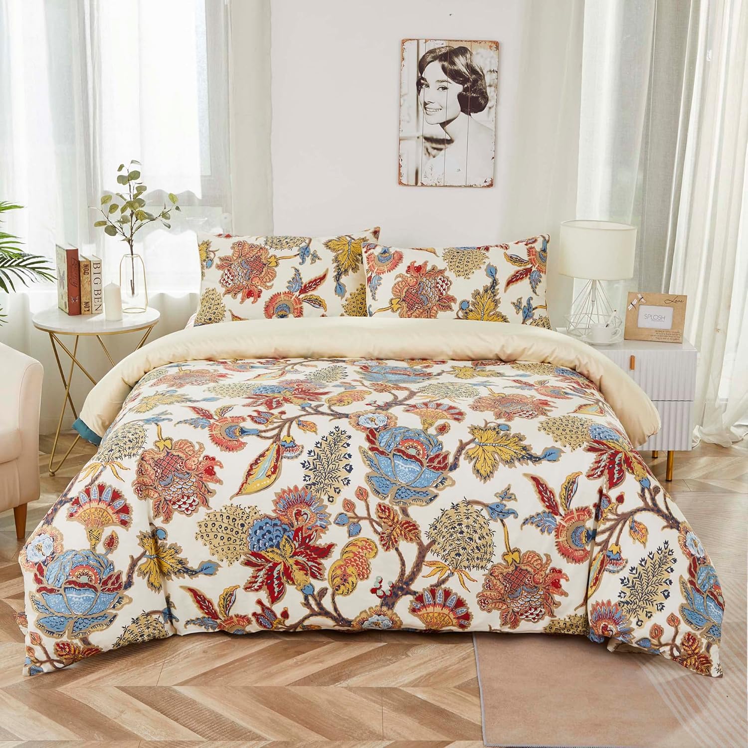 Softta Juego de ropa de cama vintage de lujo con hojas de flores, tamaño Queen, 4 piezas, juego de sábanas encimeras + 2 fundas de almohada,