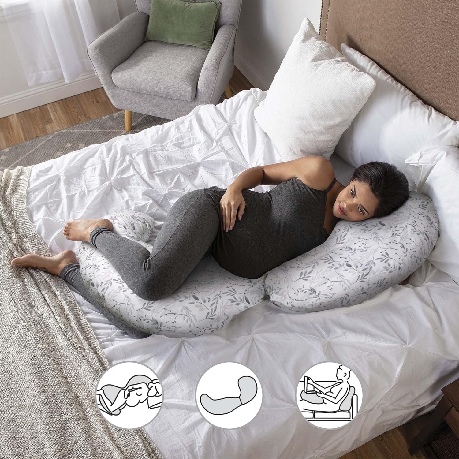 Boppy Almohada de embarazo de cuerpo total con funda de almohada extraíble fácil de poner en hojas grises dispersas y almohada de embarazo con funda