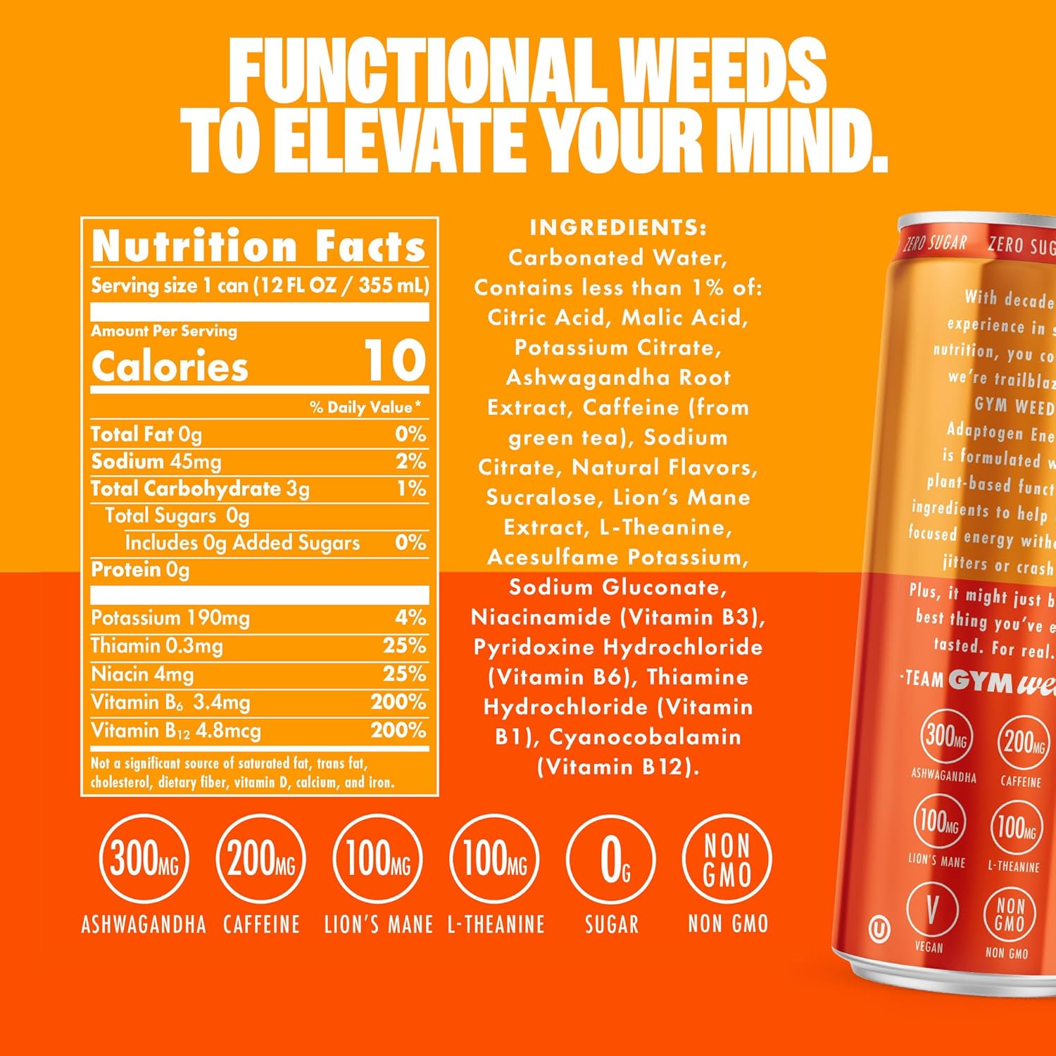 GYM WEED Adaptogen – Bebida energética, piña y pera (paquete de 12), bebida adaptogénica con cero azúcar, Ashwagandha, melena de león, cafeína y