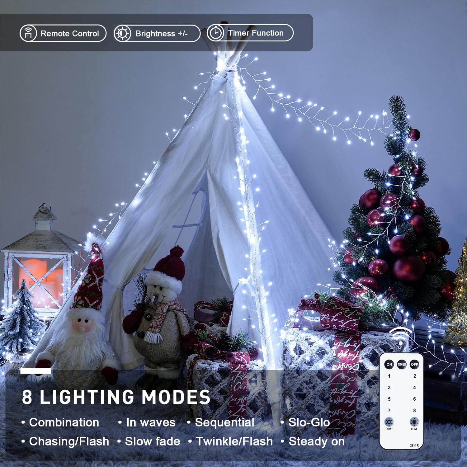 JMEXSUSS Guirnalda de luces enchufables con control remoto, 10 pies, 200 luces blancas y cálidas de Navidad, guirnalda de luces para árbol, corona,