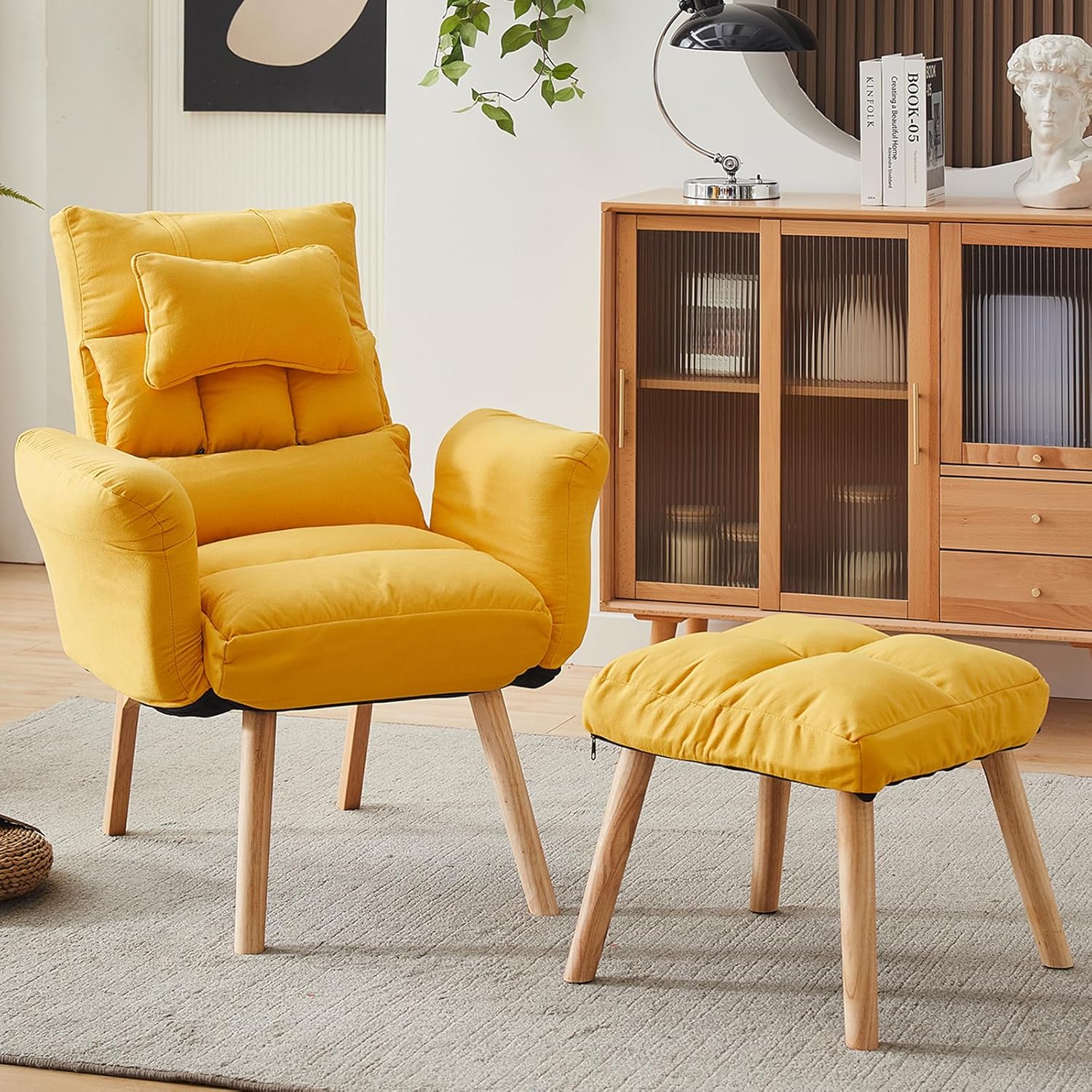CLIPOP Silla decorativa moderna con otomana, sillón de tela de lino con respaldo ajustable (5 ángulos), patas de madera maciza, cómoda silla de