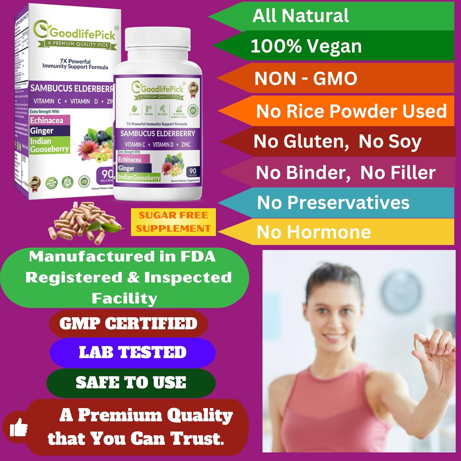 Baya de saúco 7 en 1 con zinc, vitamina C, vitamina D, equinácea, jengibre y grosella espinosa india (Amla). Cápsulas de saúco prémium de 90
