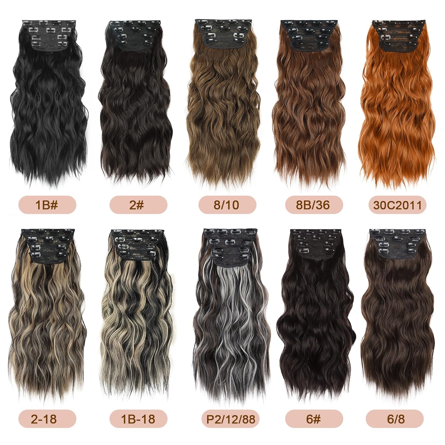 Vigorous Extensiones de cabello sintético con pinzas, 4 unidades, extensiones de cabello sintético largo ondulado con mezcla de rubio negro para
