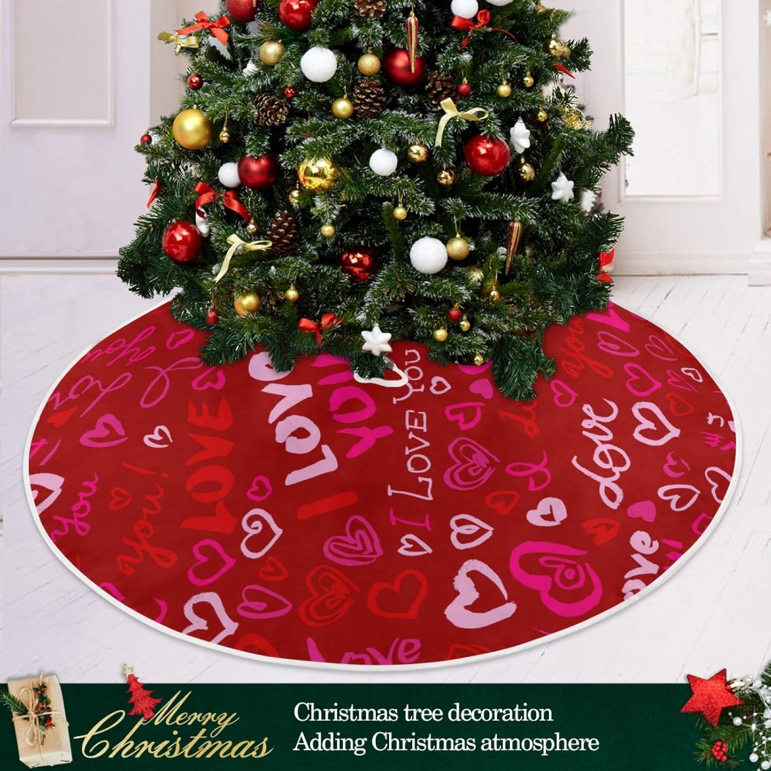 Qilmy Falda de árbol de Navidad con corazón de amor para el día de San Valentín, falda de árbol fina de doble capa para artesanía de Navidad para