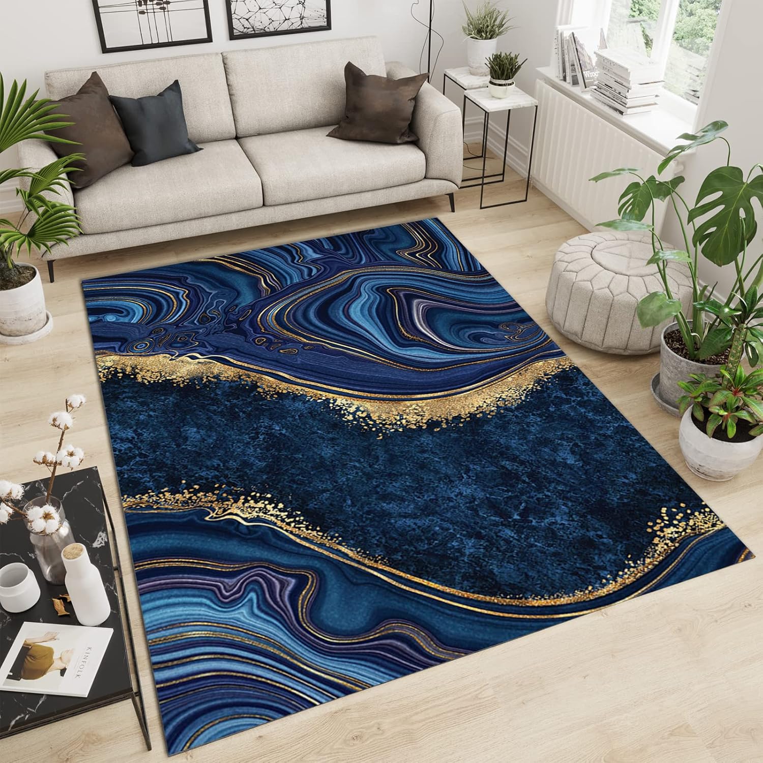 QINYUN Alfombra moderna y ligera de estilo de lujo, alfombra decorativa abstracta azul dorada, alfombra para interiores de gran área de pelo bajo,