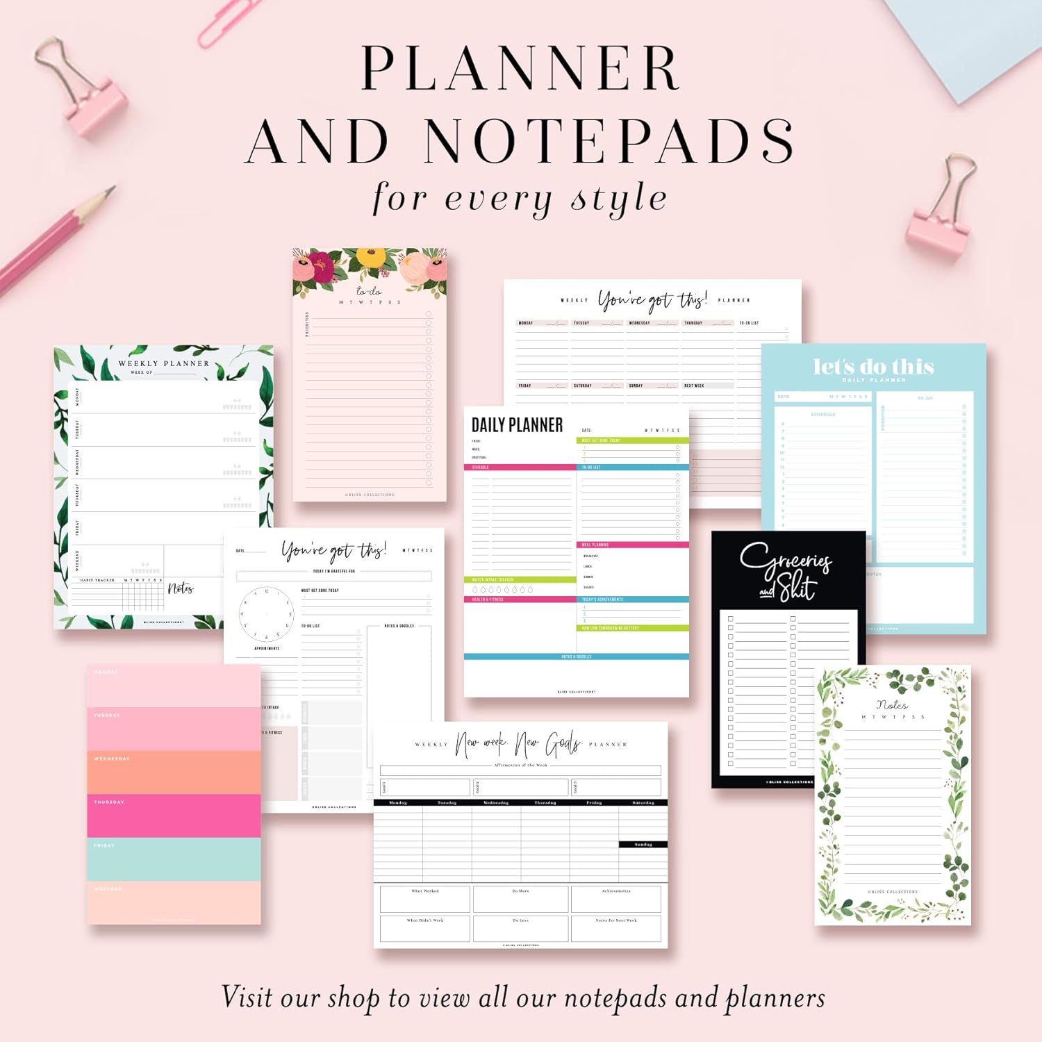 Bliss Collections Agenda semanal, acuarela verde, hojas sin fecha, bloc de notas que incluye calendario, organizador, programador para objetivos,