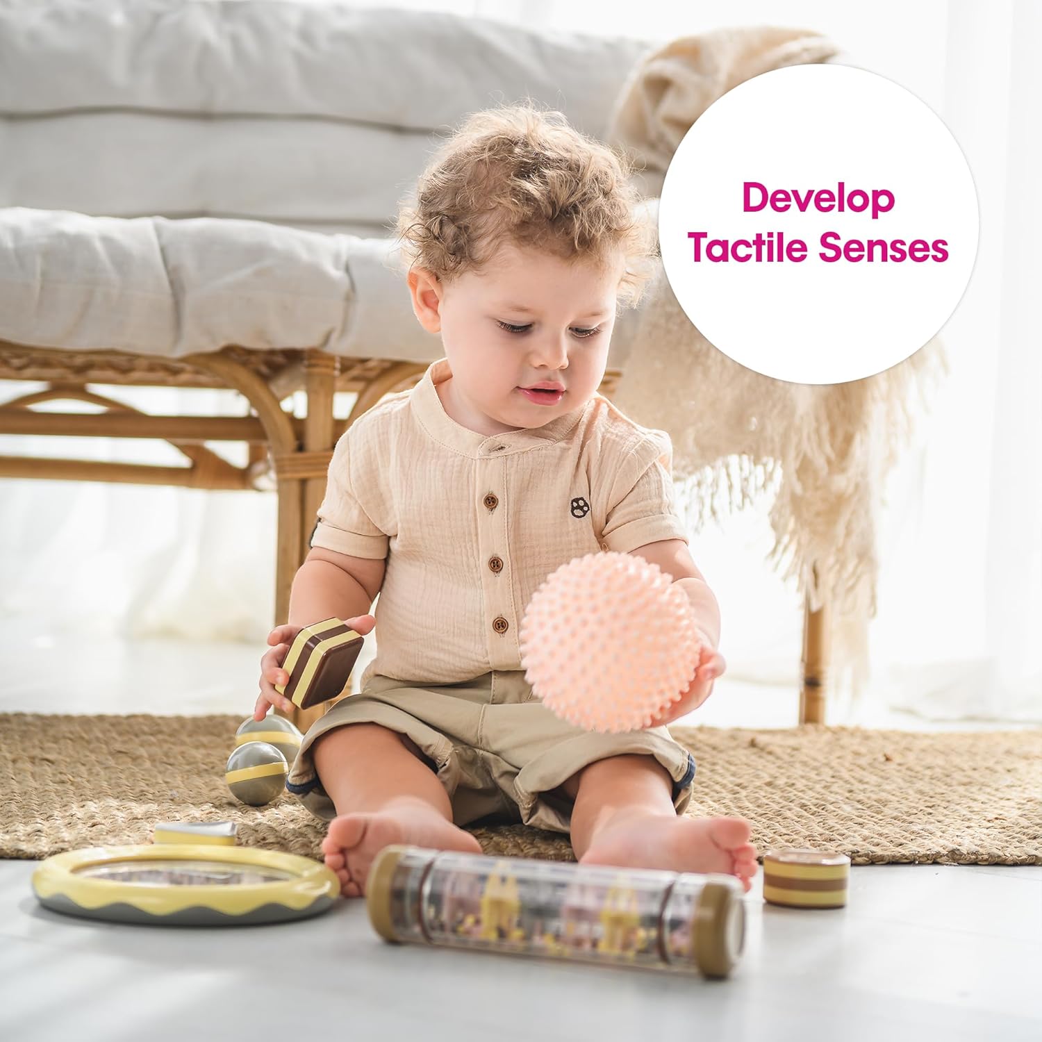 Edushape La bola sensorial original para bebé, 4 pulgadas, desinflada con bomba, bola de bebé de color bohemio chic que ayuda a mejorar las