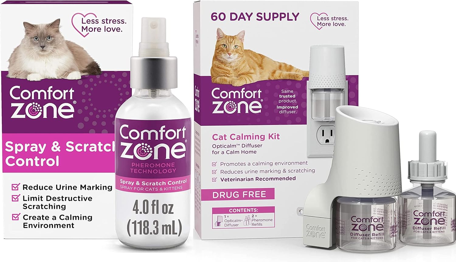 Comfort Zone Spray calmante para gatos y kit de difusor de feromonas calmante para gatos, 1 difusor más 2 recambios