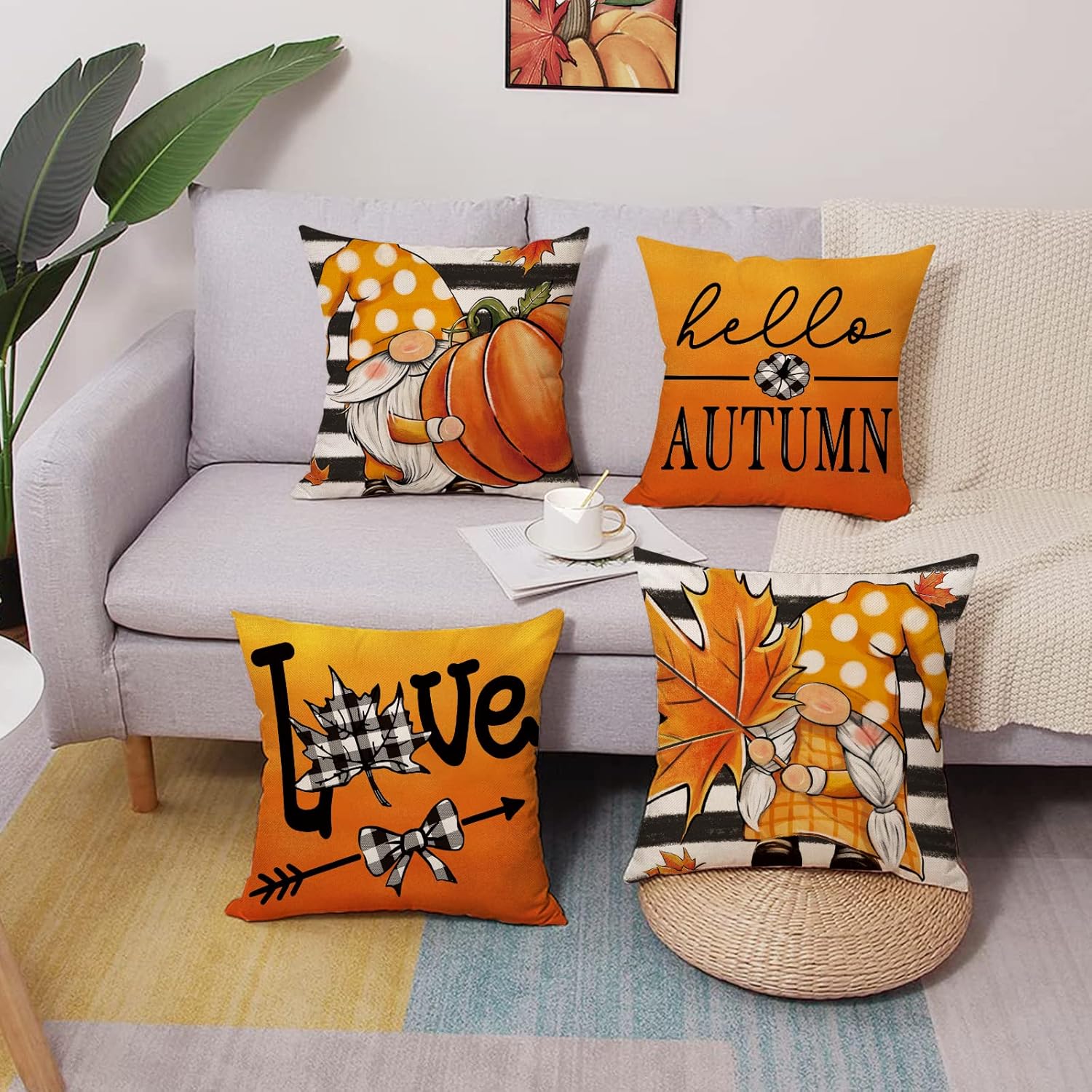 Juego de 4 fundas de almohada decorativas de otoño con diseño de hojas de arce y calabaza de 20 x 20 pulgadas, diseño de gnomo con diseño de rayas