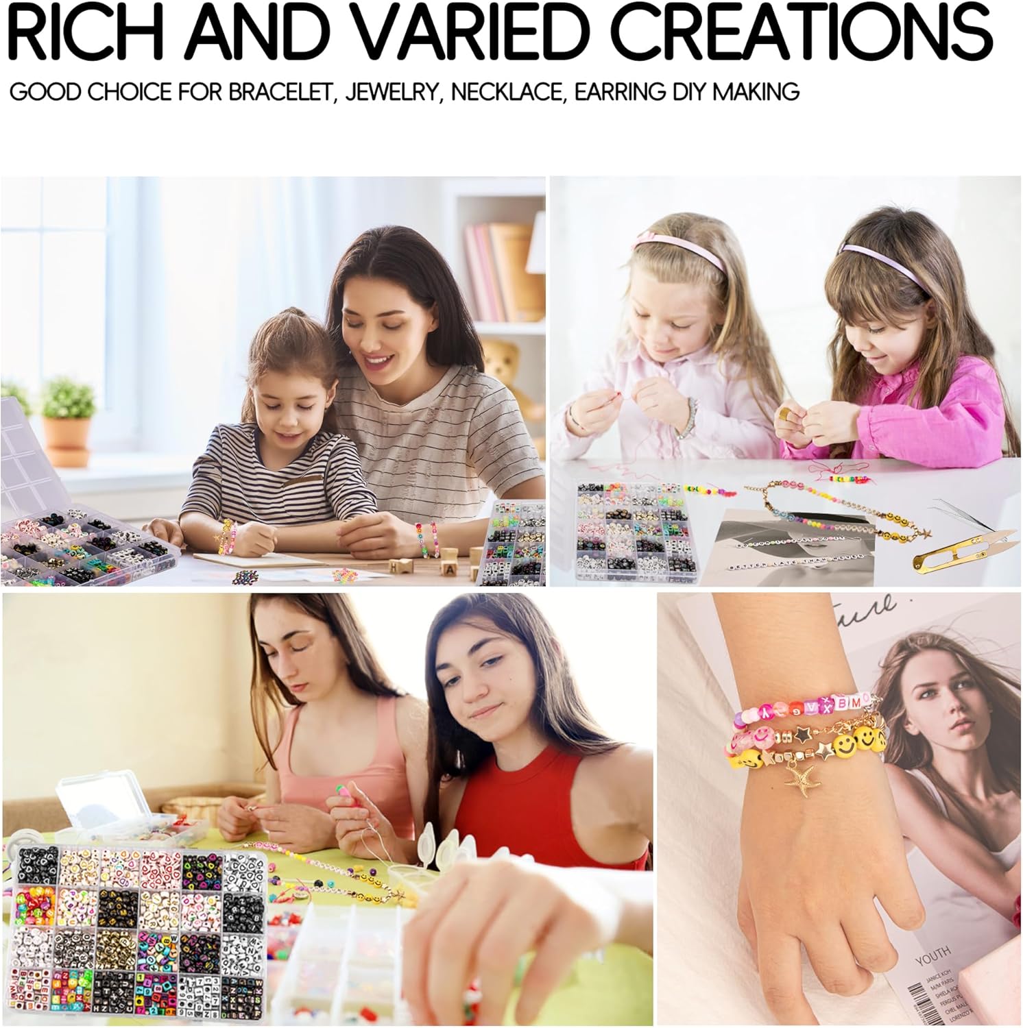 YUNAI Kit de cuentas de letras para hacer pulseras de amistad, 965 cuentas redondas del alfabeto con cuentas de estrella sonriente, juego de cuentas