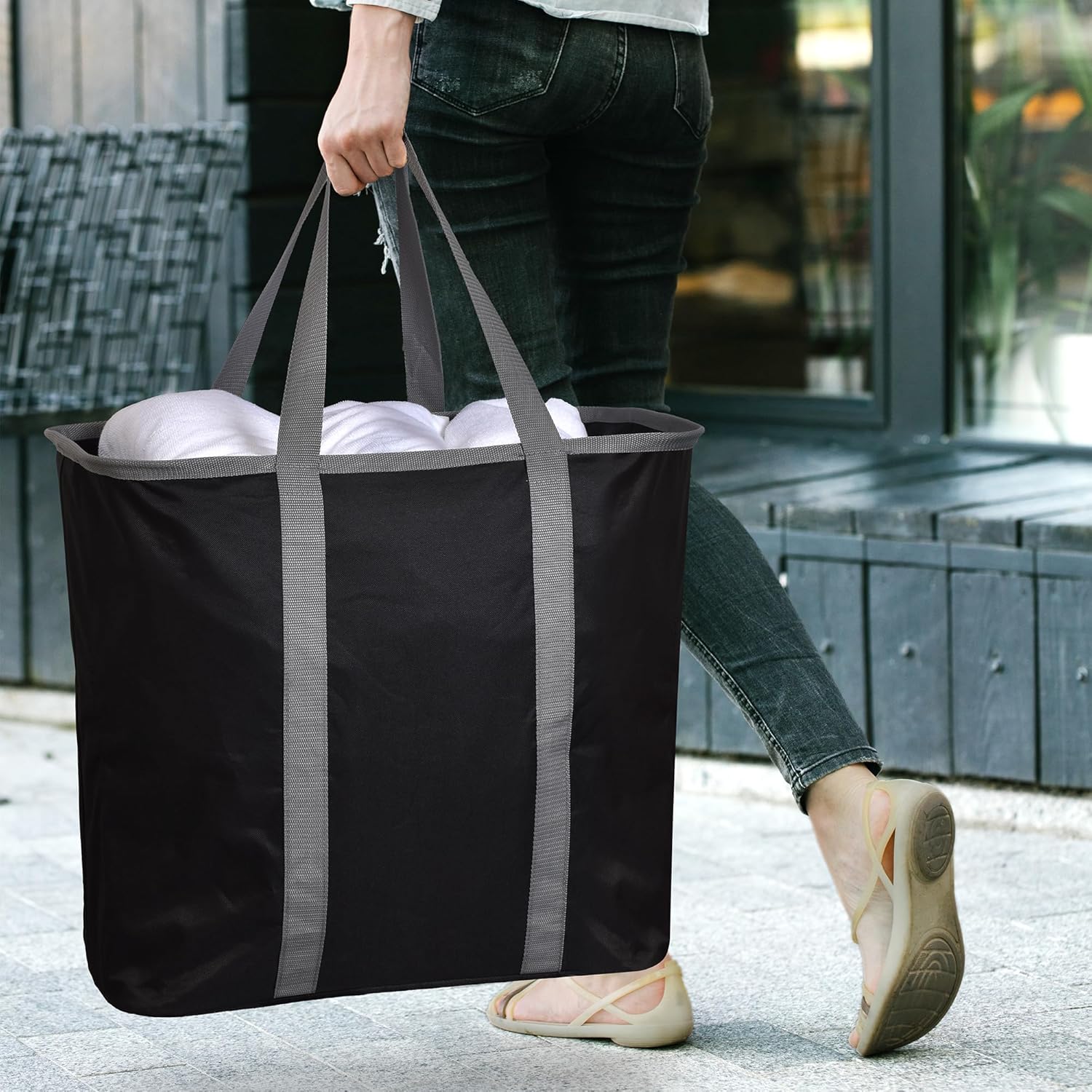 YOHOM Cesta de lavandería plegable de 80 litros, cesta de ropa grande con asas largas, cesta de almacenamiento multiusos para ropa, juguetes, mantas