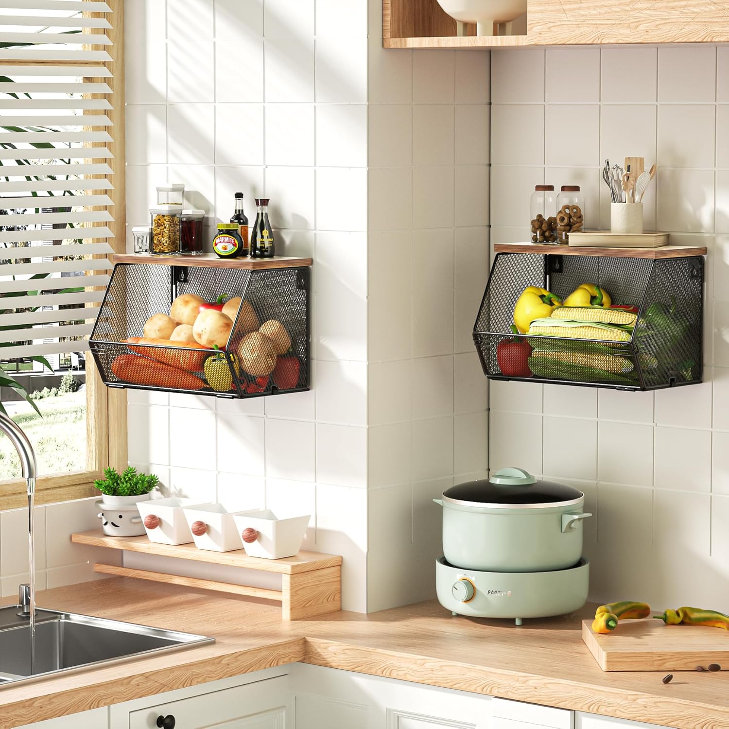 Cesta colgante de frutas con tapa de madera, paquete de 2 organizadores apilables para encimera de cocina, almacenamiento de cebollas y papas, cesta