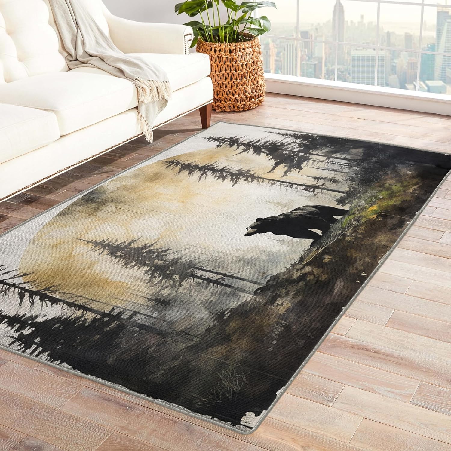 Alfombra de oso de 5 x 7 pies, alfombra de área de vida silvestre para dormitorio, sala de estar, alfombra grande con estampado de animales del