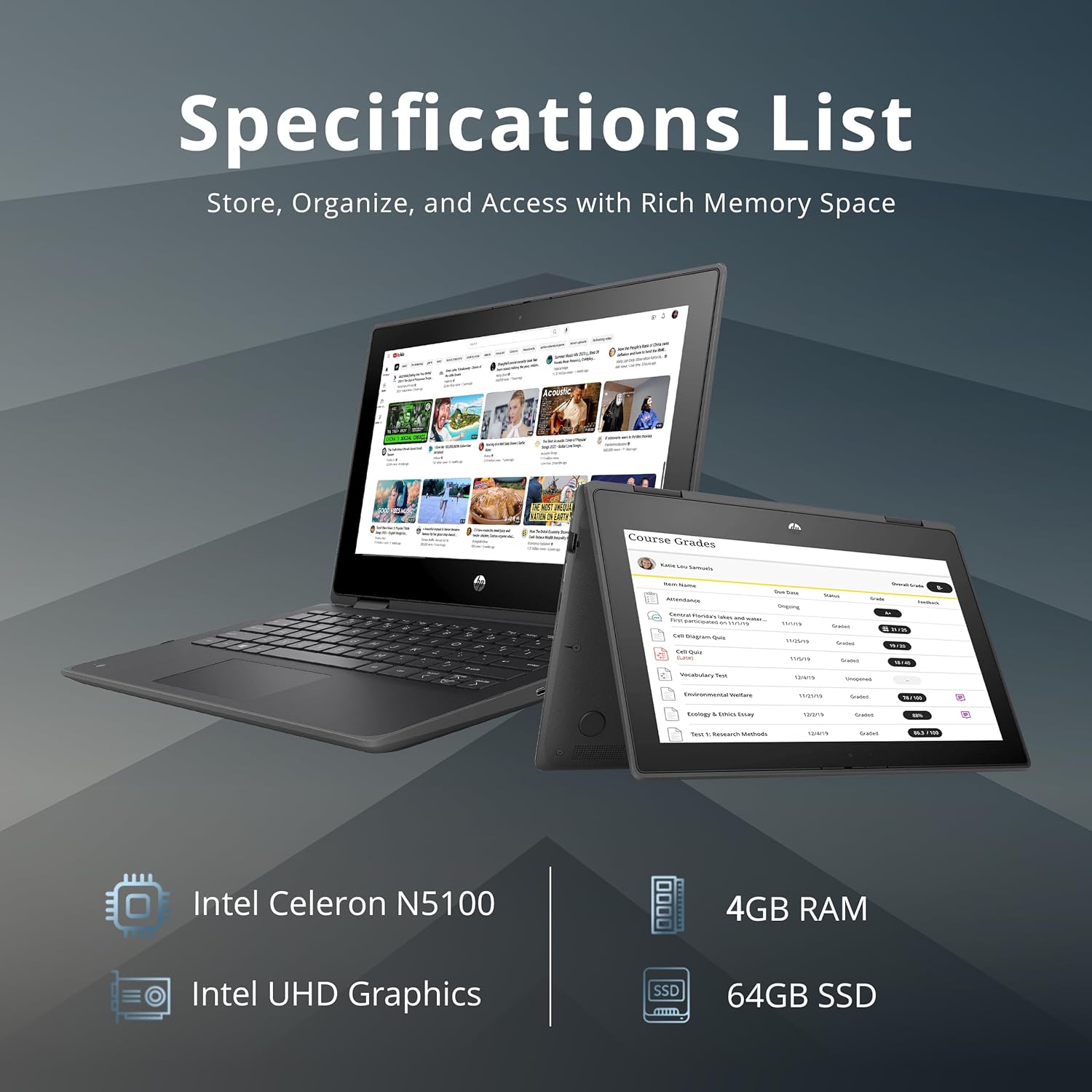 HP ProBook x360 – Computadora portátil HD 2 en 1 con pantalla táctil de 11.6 pulgadas, Intel Celeron N5100 de cuatro núcleos, 4 GB LPDDR4 RAM, 64 GB