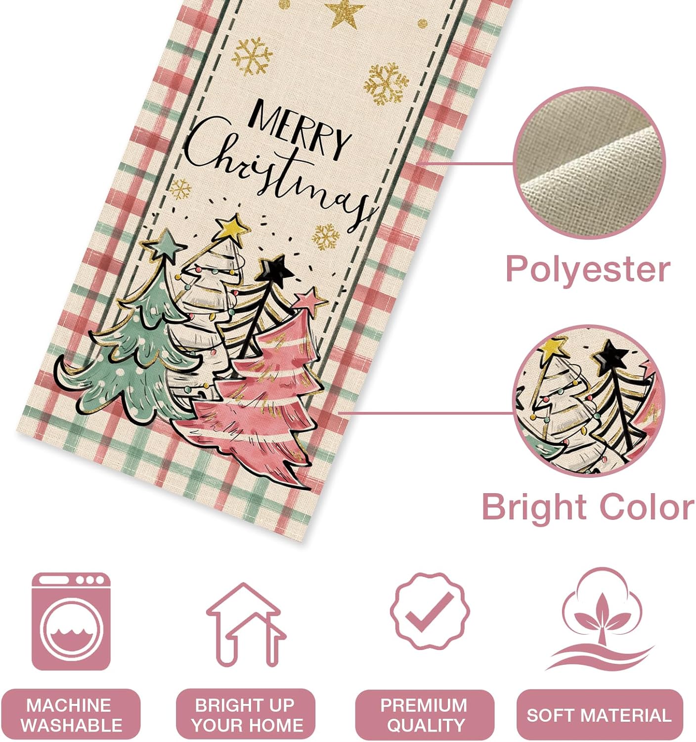 Seliem Camino de mesa de copos de nieve con árbol de pino y Navidad, diseño a cuadros rosados, decoración de mesa de comedor para cocina, decoración