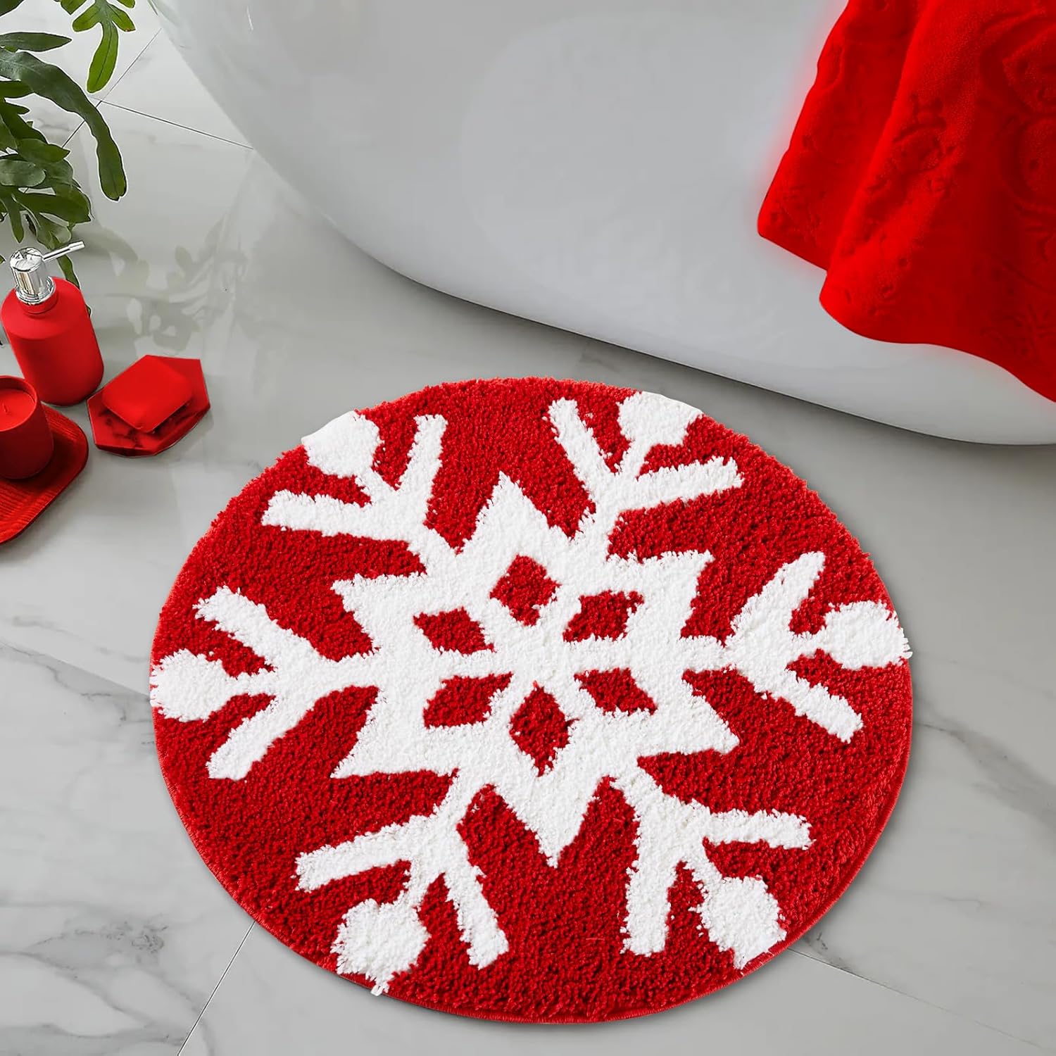 Estmy Alfombra de baño redonda de Navidad con diseño de copo de nieve rojo, 2 pies, con temática de invierno, decoraciones festivas de Navidad,