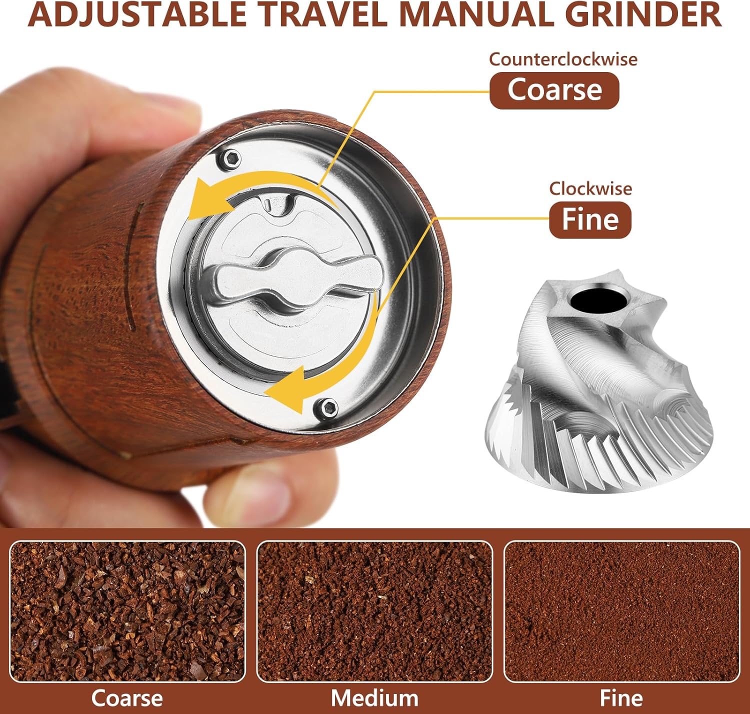 Bincoo Molinillo de café manual con rebabas de acero inoxidable, grosor ajustable, plegable, con bolsa portátil, molinillo de café de mano portátil