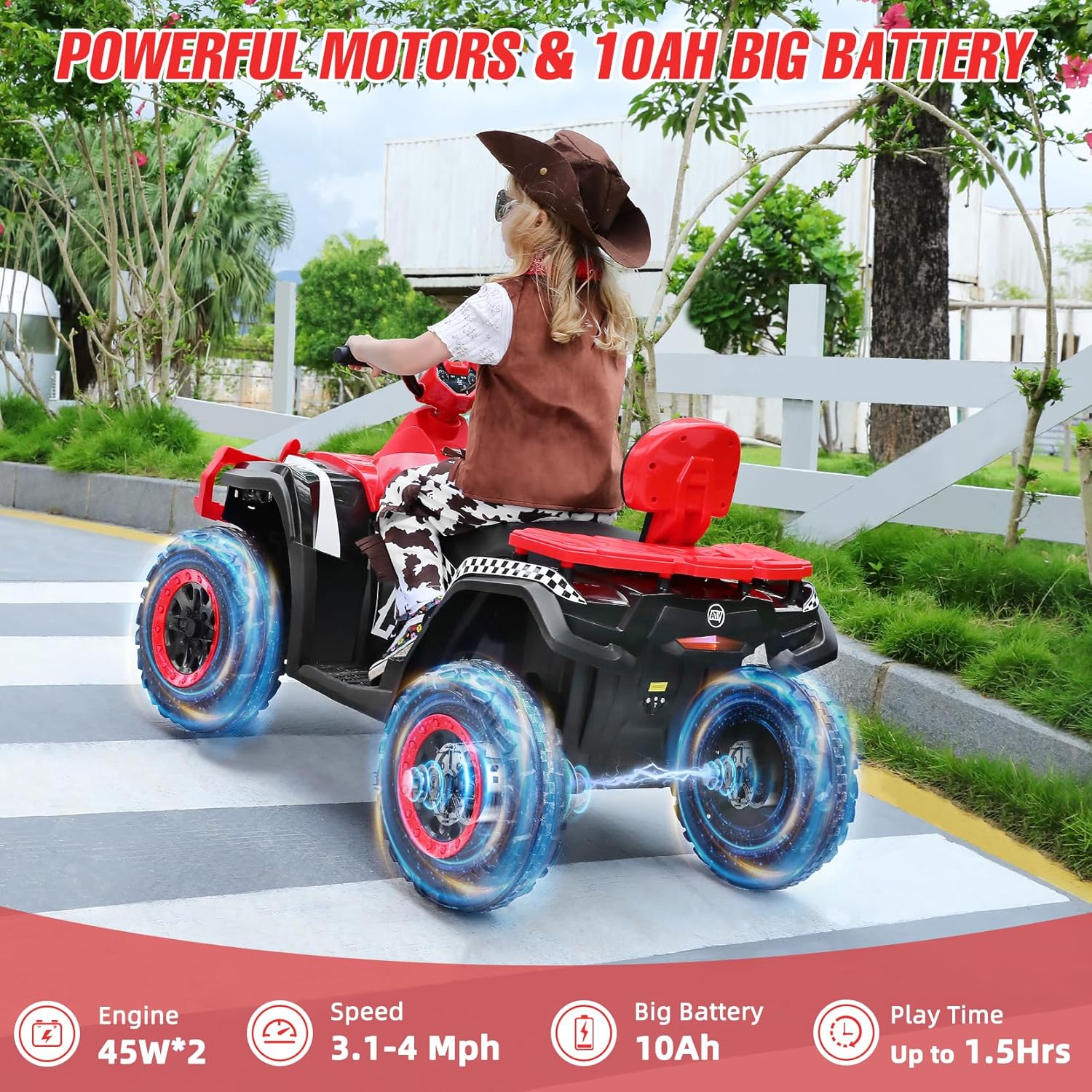 ELEMARA ATV para niños de 2 plazas, vehículo eléctrico de 4 ruedas con batería de 10 AH, 4 mph, 2 puertos de carga, Bluetooth, faros LED, música,