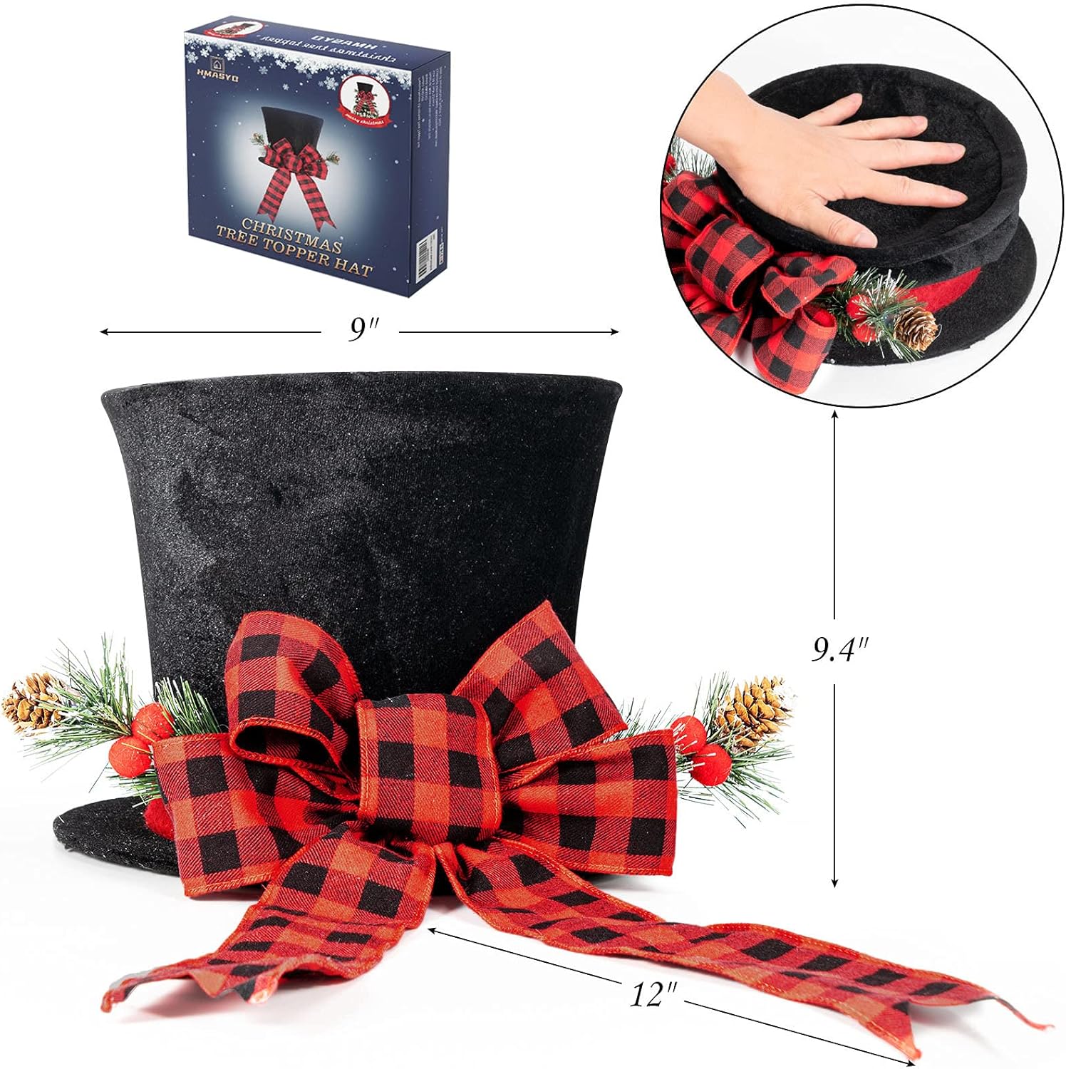 HMASYO – Sombrero de adorno para árbol de Navidad, sombrero de terciopelo negro grande con lazo rojo a cuadros y cinta alargada, decoraciones de