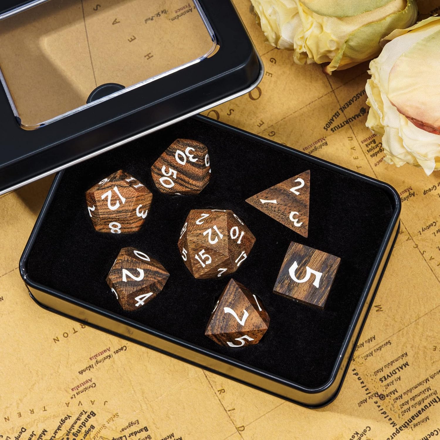 Dados DND de madera, juego de 7 dados poliédricos con caja de hierro, dados RPG D&D hechos con madera para juegos de rol MTG Dungeons and Dragons