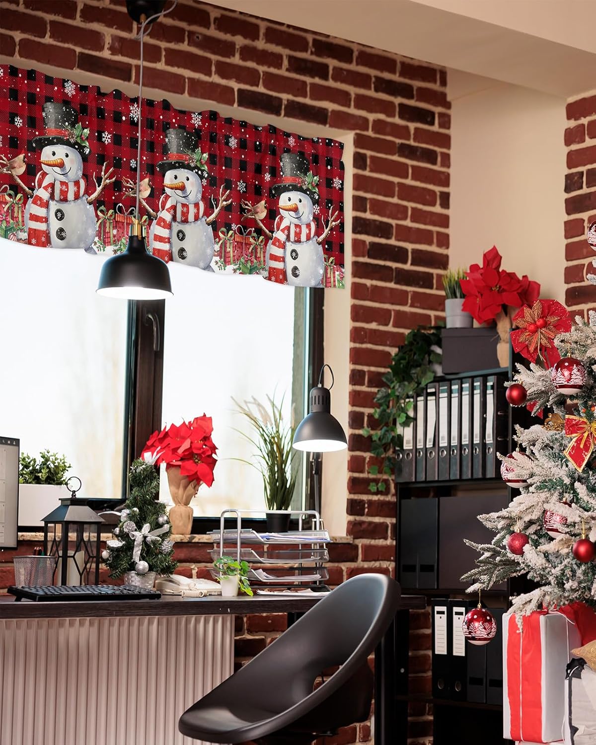 Cenefa de cocina de muñeco de nieve de Navidad, cenefas de ventana de búfalo rojo y negro, cortinas cortas con bolsillo para barra, cenefas de