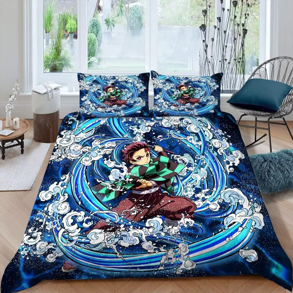 Juego de funda de edredón de anime japonés, tamaño matrimonial, funda de edredón de flujo constante Kamado Tanjiro para adolescentes y niñas,