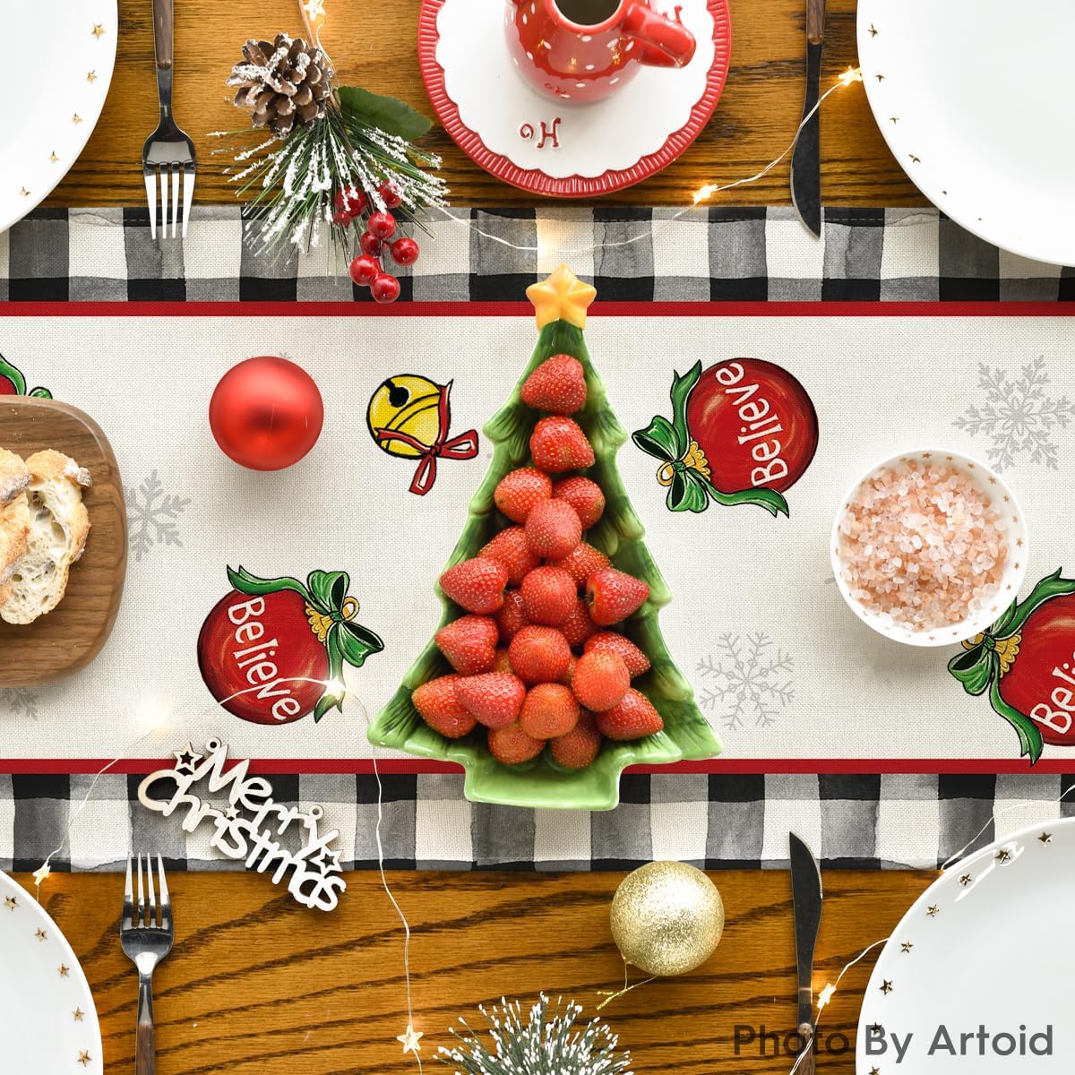 Artoid Mode Buffalo Plaid Gnomo Bell Believe – Camino de mesa de Navidad, decoración de mesa de comedor de cocina de invierno de temporada para