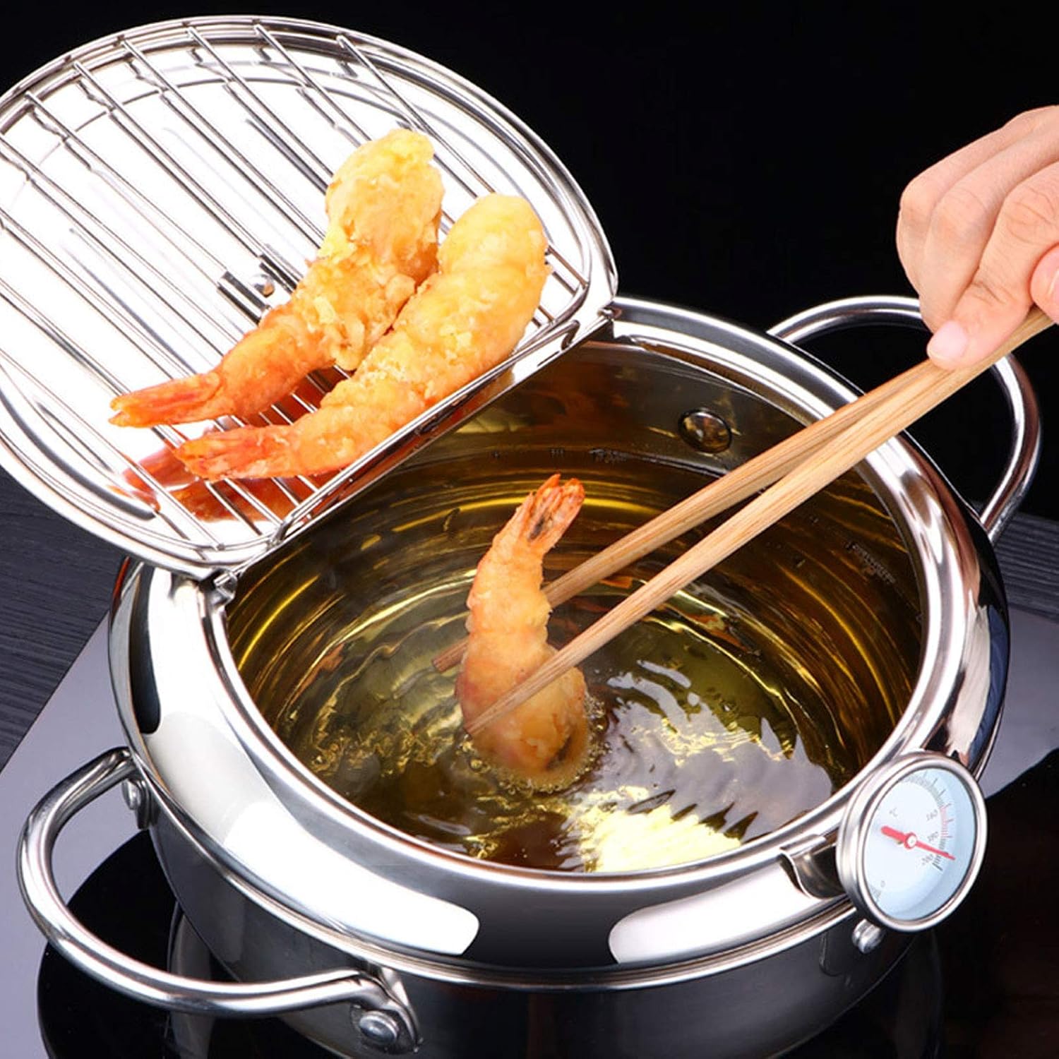 Olla pequeña con termómetro Fahrenheit, olla freidora, freidora de acero inoxidable 304 con rejilla de drenaje de aceite para papas fritas, pescado