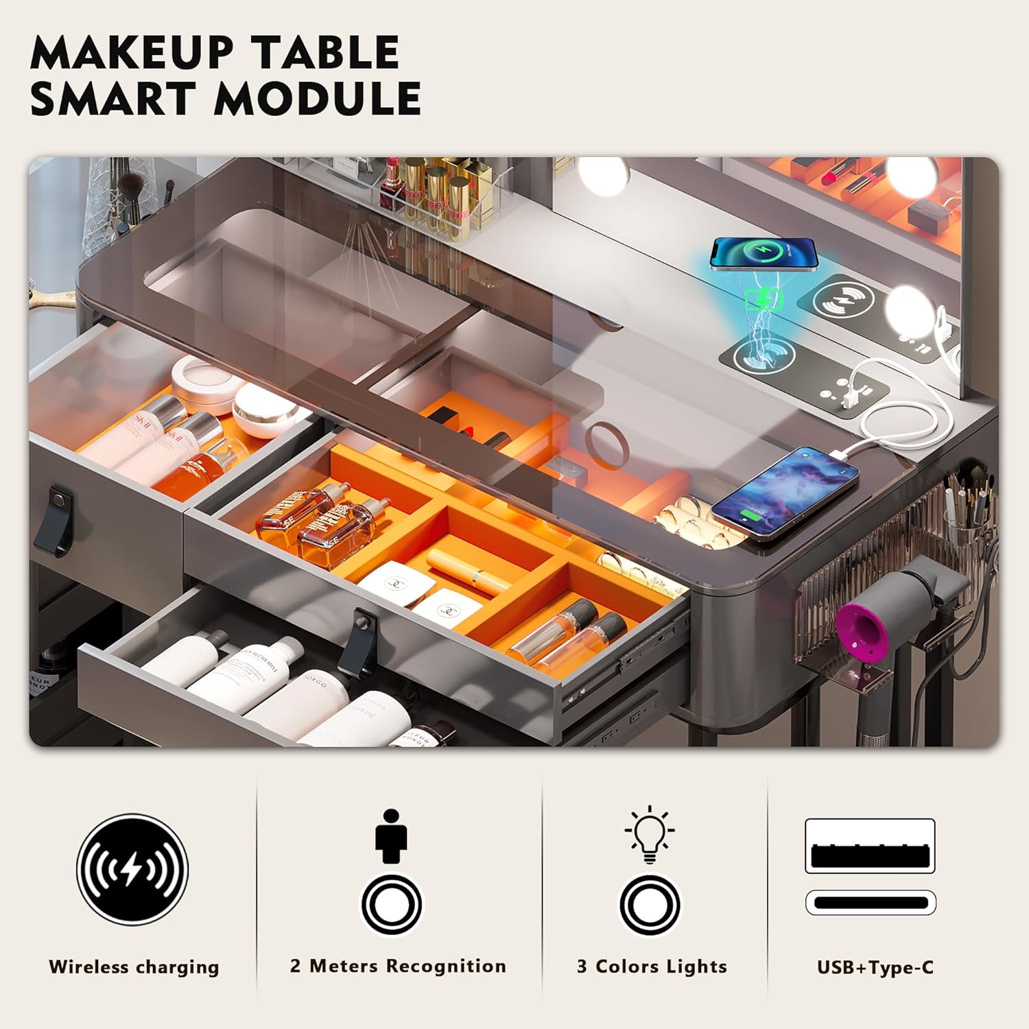 Gurexl Juego de tocador de maquillaje con espejo, tocador de maquillaje moderno con parte superior de vidrio y 10 bombillas, juego de tocador con