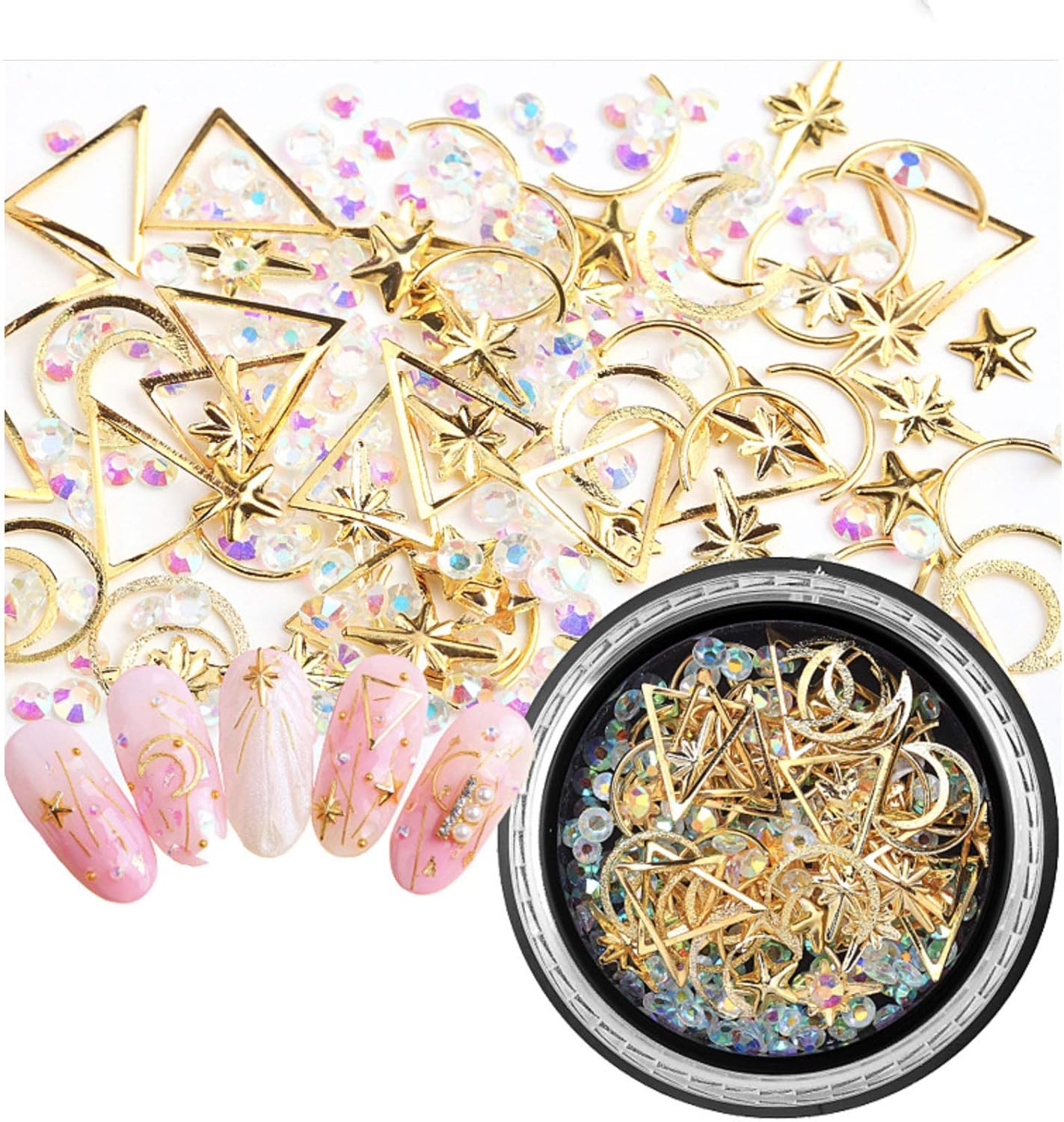 GreatDeal68 – Juego de joyas de gemas de estrella y luna populares japonesas, juego de caja mixta, placa de cobre, remache redondo, adorno de uñas