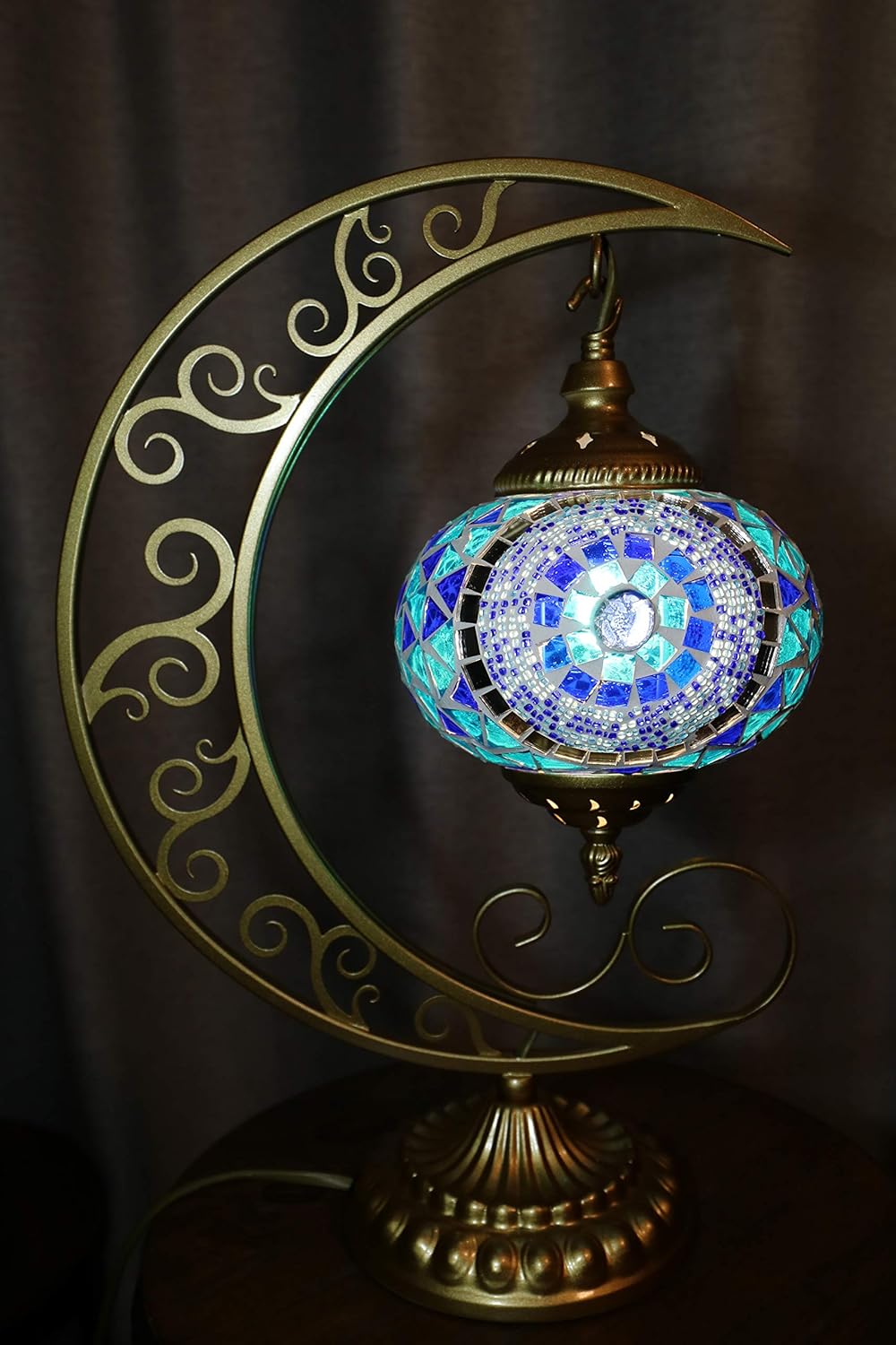 Impresionante lámpara de noche de mosaico turco marroquí hecho a mano con forma de luna, lámpara de mesa única para decoración de habitación (azul)