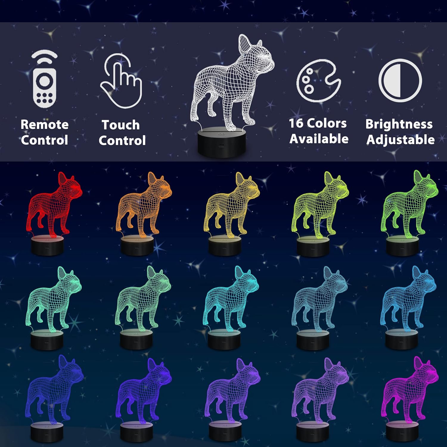 Lampeez Luz nocturna de bulldog francés 3D, lámpara de ilusión óptica de 16 colores cambiantes con control remoto para cumpleaños, Navidad, día de
