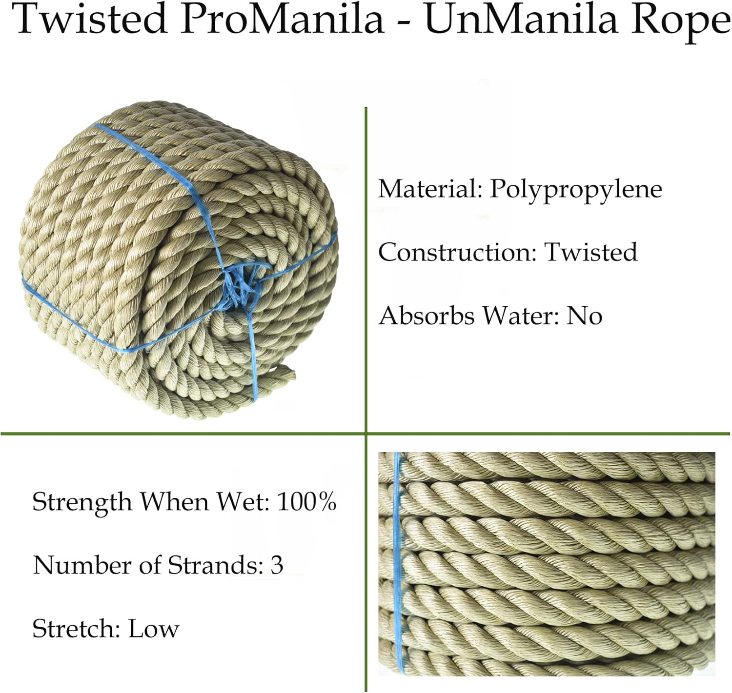 ProManila UnManila – Cuerda de polipropileno trenzado de 3 hebras, cuerda sintética ligera para proyectos de bricolaje, marina, comercial,
