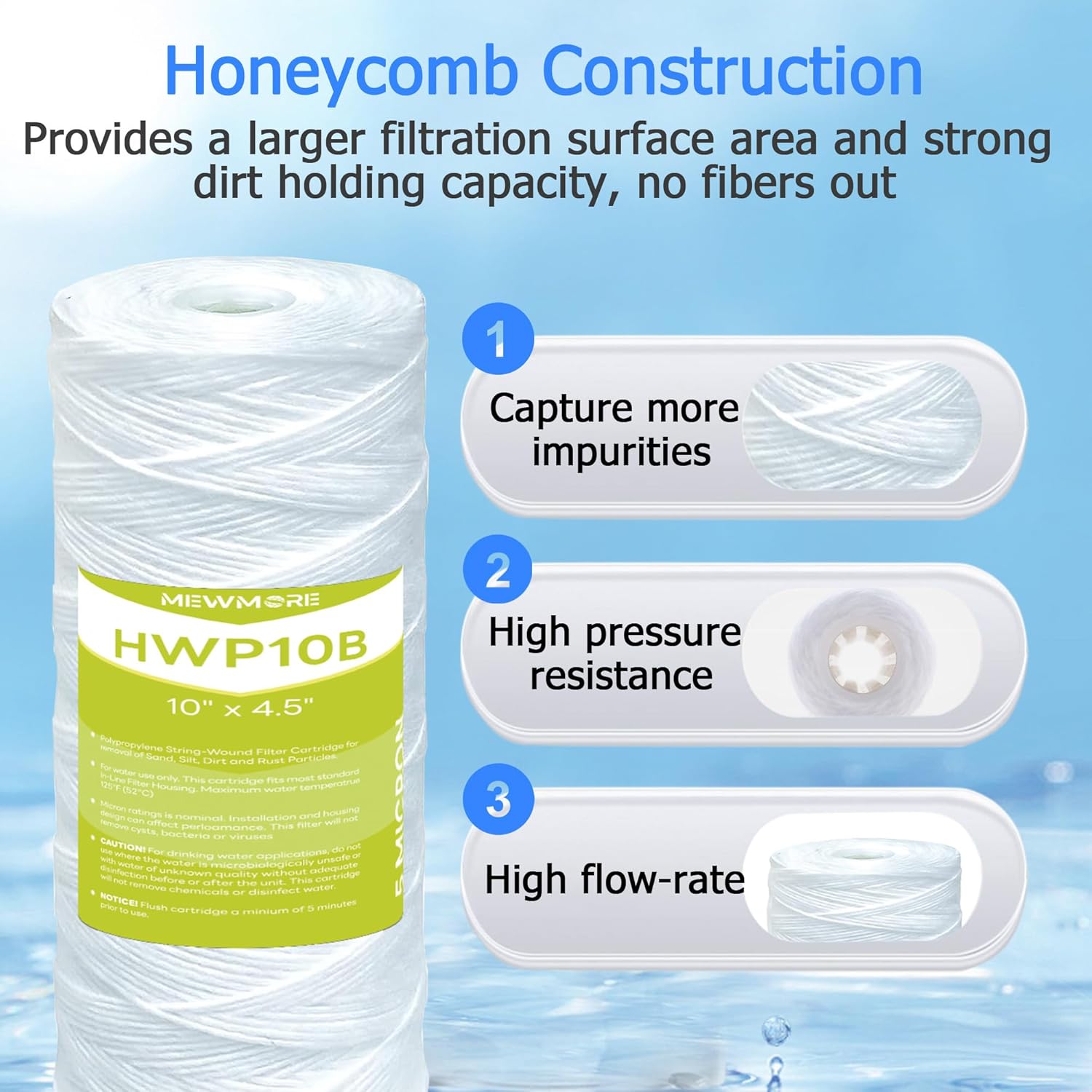 MewMore Cartucho de filtro de agua de 5 micrones para toda la casa, filtros de sedimentos para heridas de cuerda para agua de pozo, repuesto para
