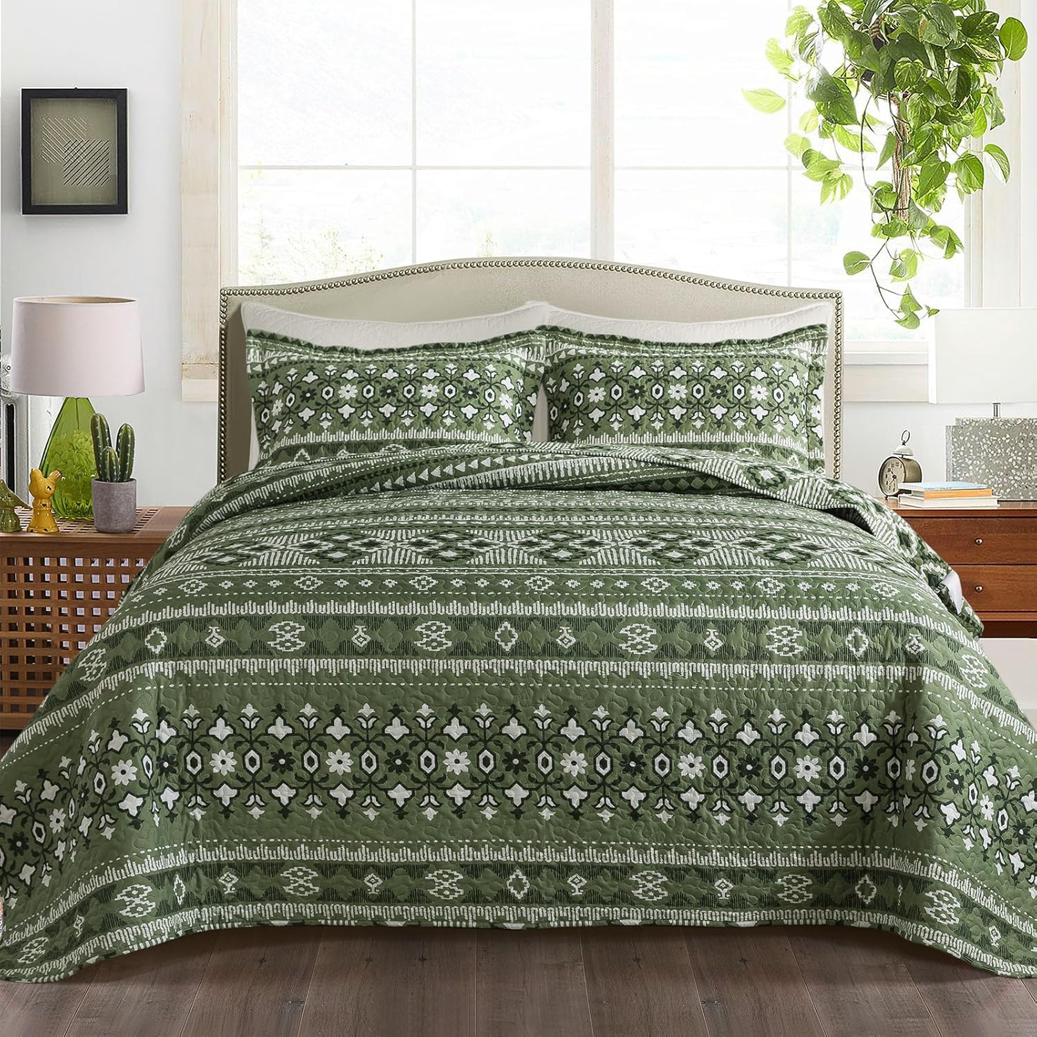 TWINRUN Juego de ropa de cama bohemio tamaño Queen, edredón bohemio verde, colcha ligera tamaño Queen con estampado de rayas geométricas (90 x 98