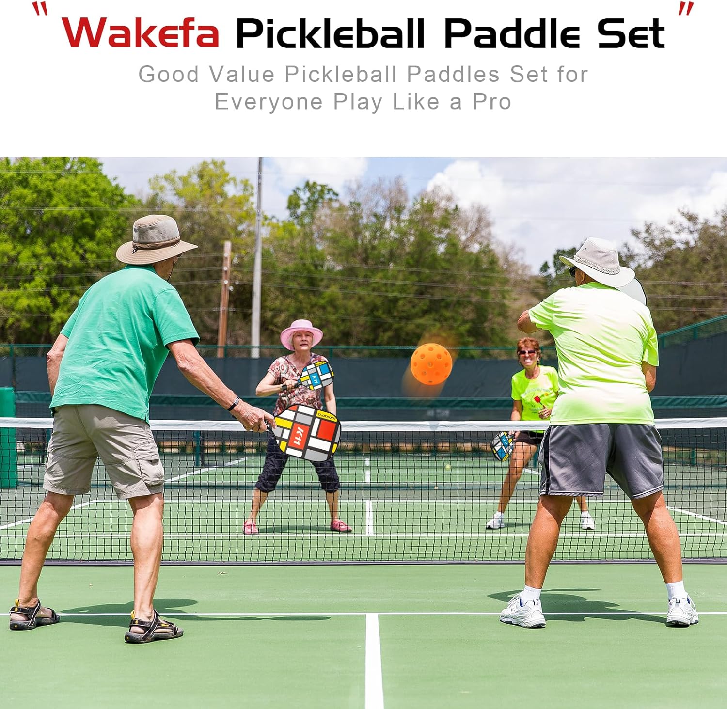 Juego de 4 palas de pickleball para interiores y exteriores, raquetas de pickleball de madera con agarre ergonómico amortiguador, 4 bolas de