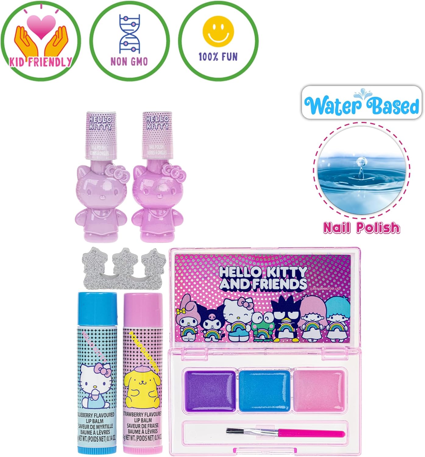 Hello Kitty and Friends – Juego de mochila rellena de maquillaje Townley Girl con 12 piezas, incluye brillo de labios, esmalte de uñas, piedras de