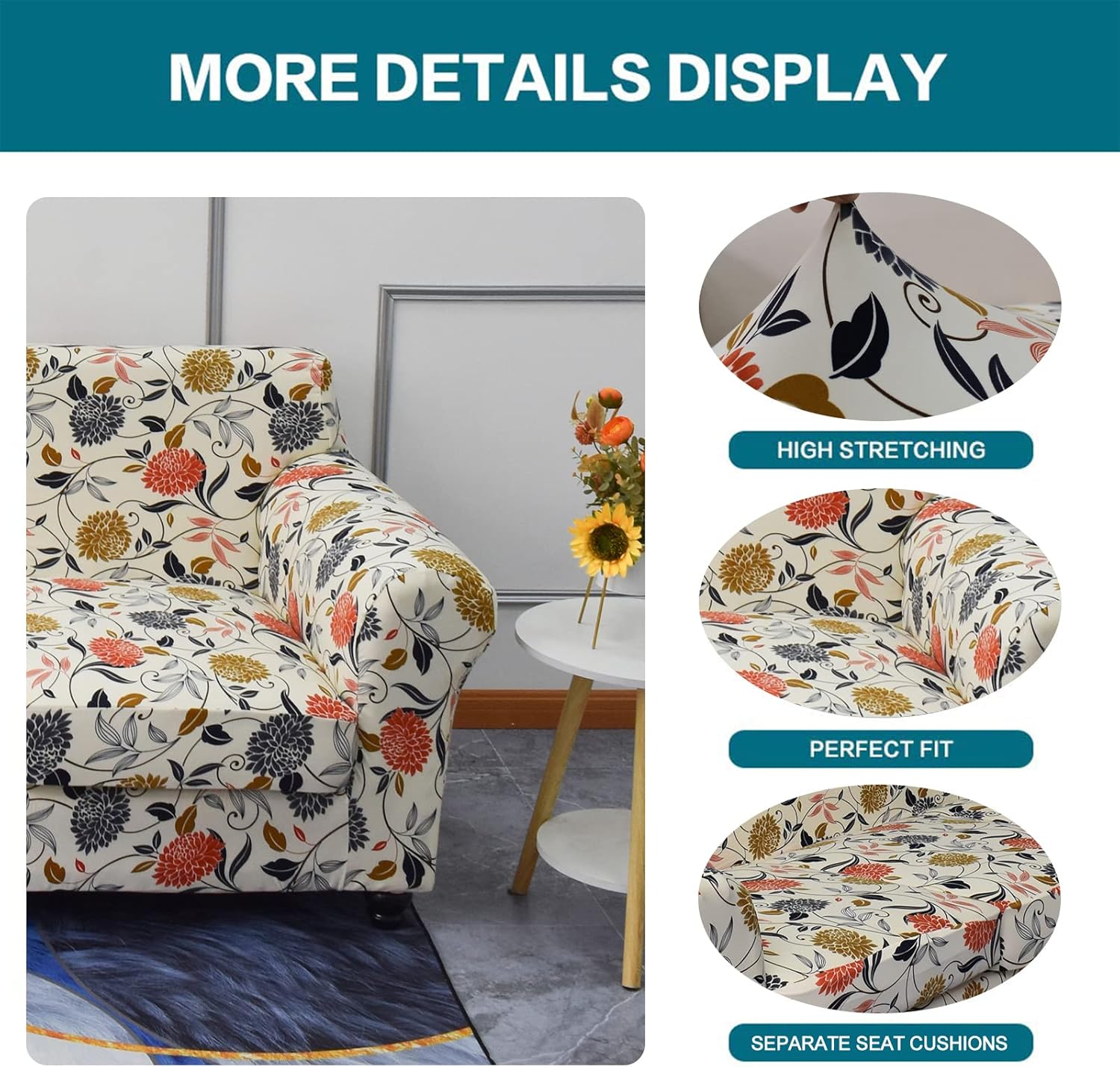 KRFOONN Fundas elásticas de sofá de 4 piezas para sofás de 3 cojines, funda de sofá estampada con 3 fundas de cojín de asiento separadas, fundas