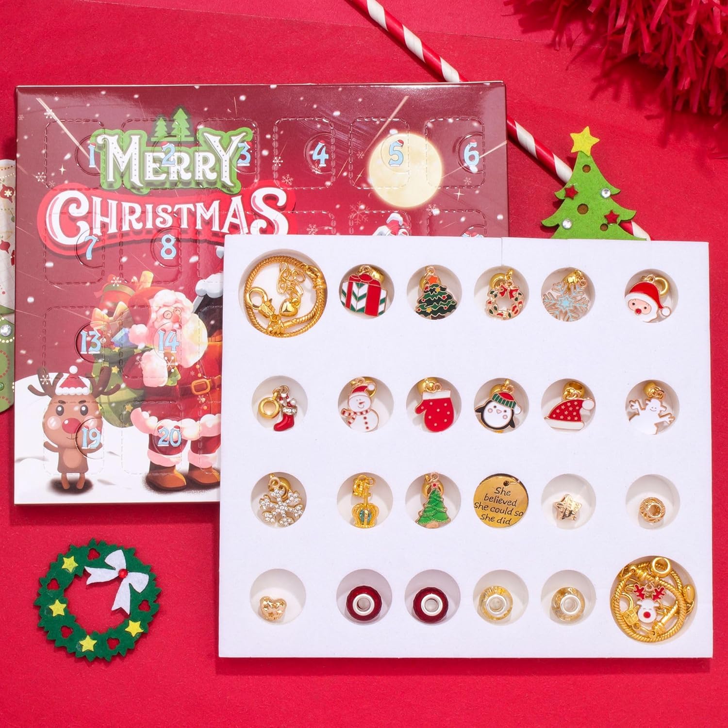 Calendario de Adviento de Navidad para niñas, calendario de cuenta regresiva de 24 días, juego de pulseras de bricolaje para hacer joyas, regalo