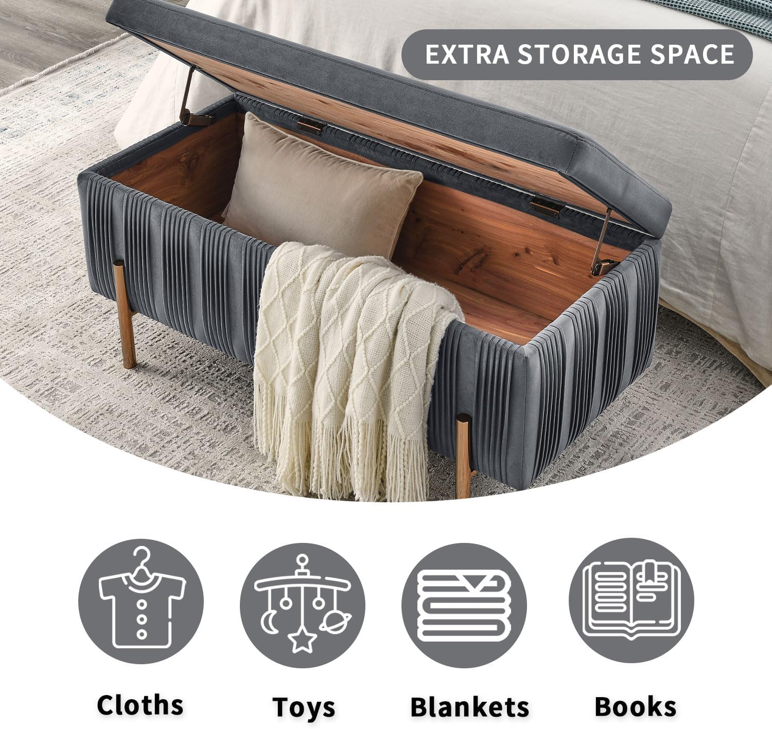Banco de almacenamiento de terciopelo, moderno banco tapizado para interiores con patas de metal, banco otomano para sala de estar, dormitorio,