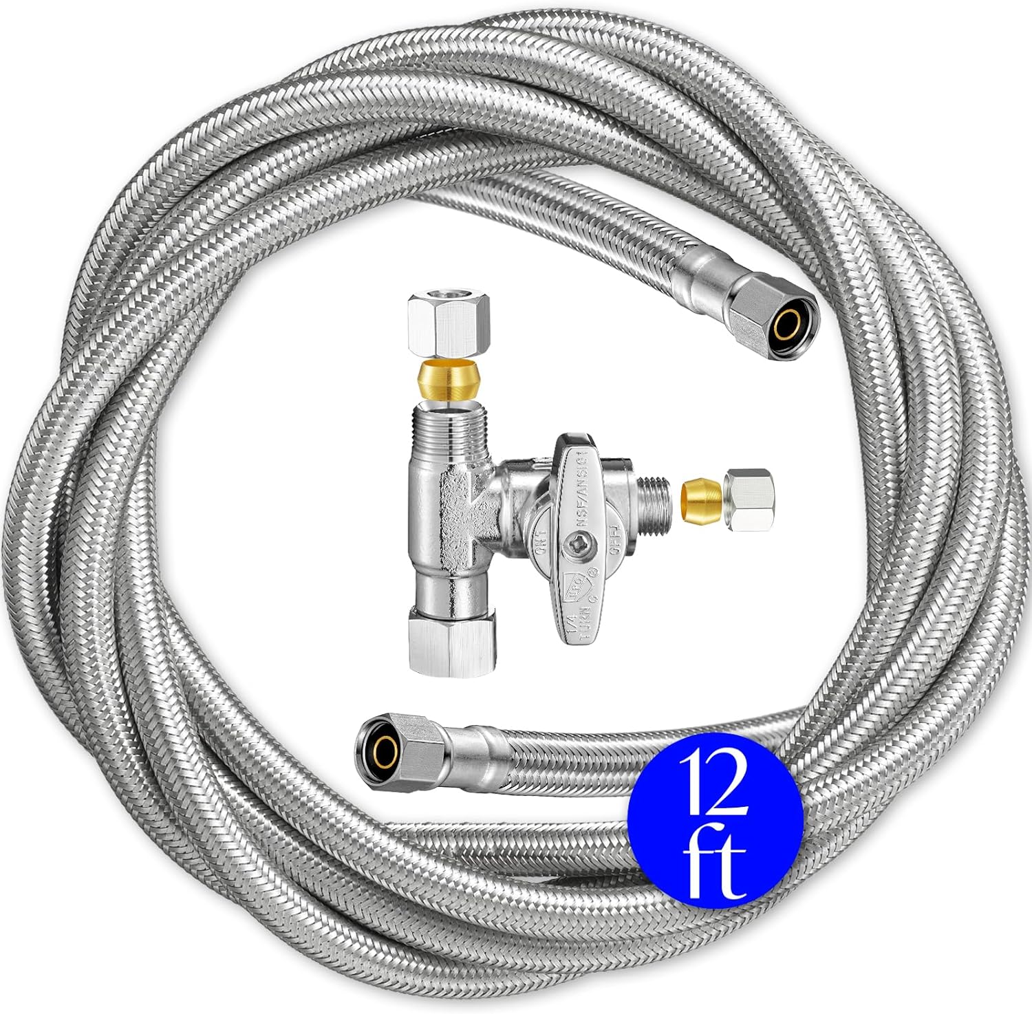 Kit de línea de agua para nevera, línea de agua trenzada de acero inoxidable de 12 pies con accesorios de compresión de 14 pulgadas, núcleo de tubo