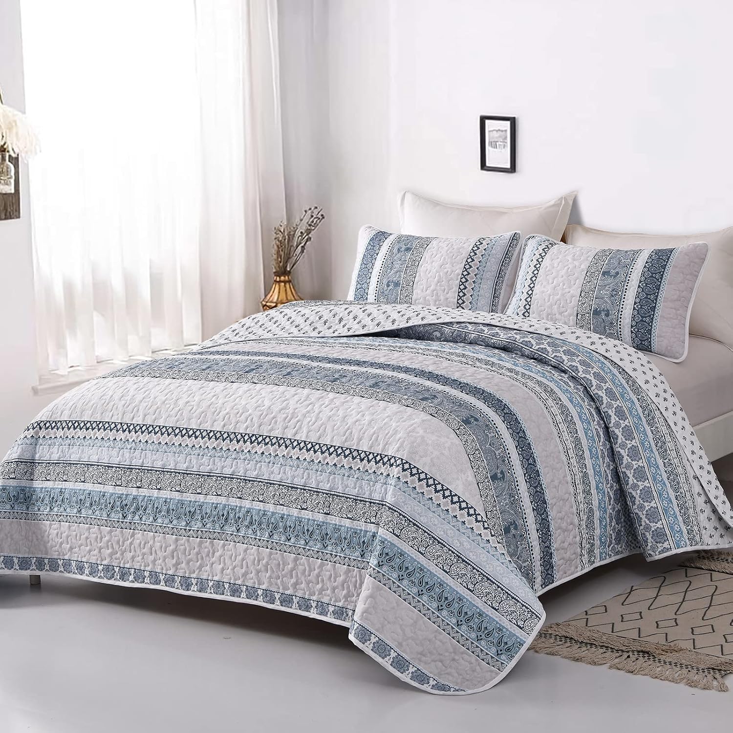 WONGS BEDDING Juego de edredón bohemio tamaño matrimonial, juego de edredón bohemio azul claro de 3 piezas, juego de ropa de cama ligero de verano