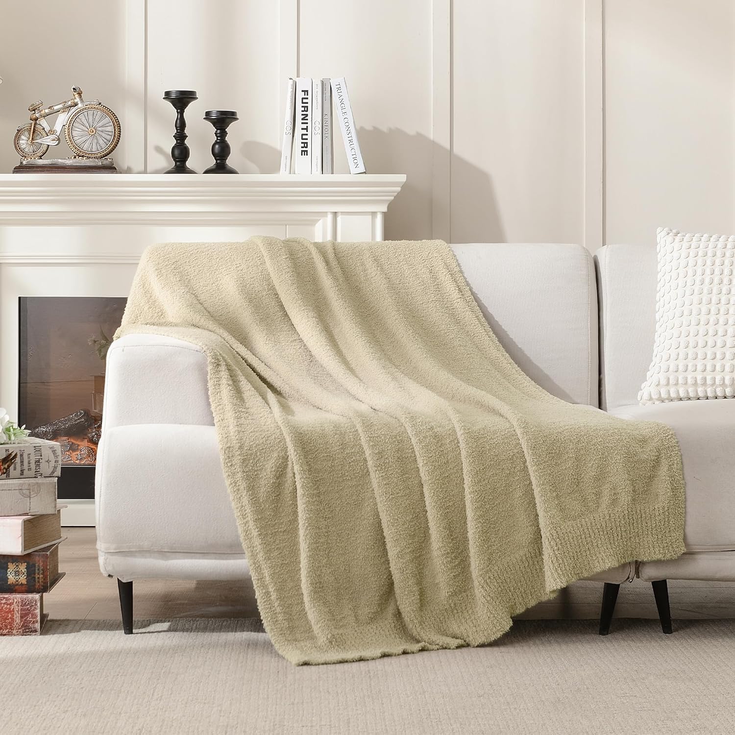 Manta de punto súper suave y cálida para sofá, manta ligera y acogedora para cama o sofá, 50 x 60 pulgadas, color beige